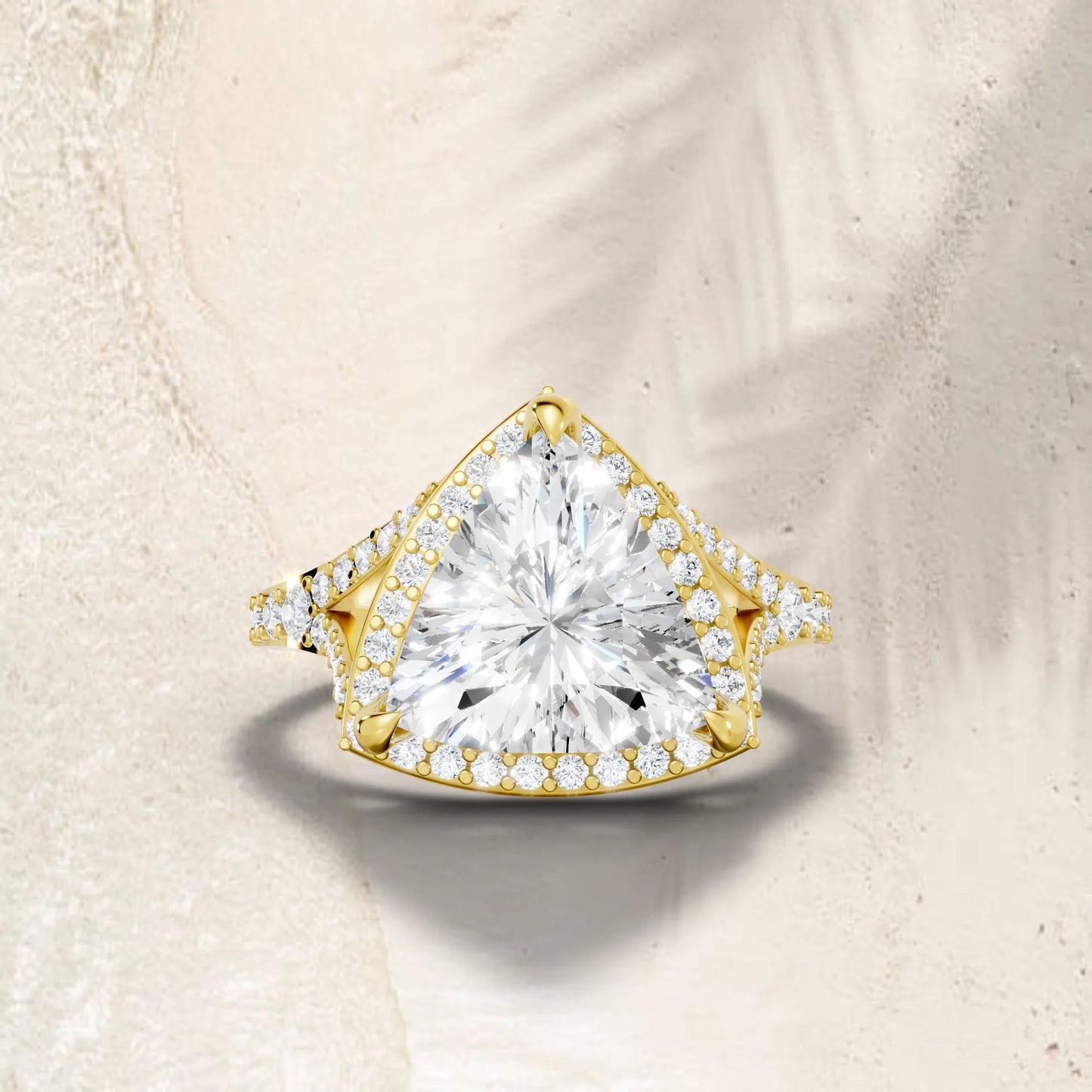 14K Gold Trillion Cut Diamond Split Shank Halo Engagement Ring