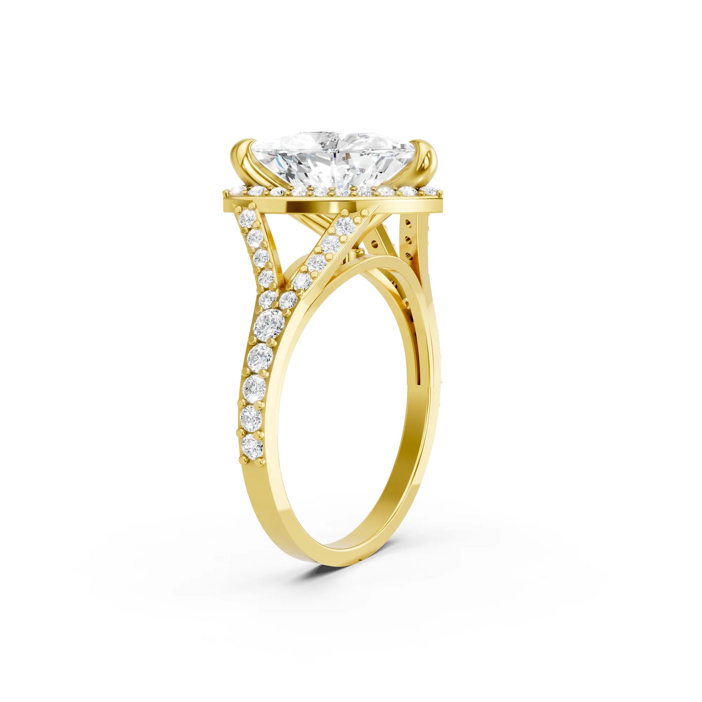 14K Gold Trillion Cut Diamond Split Shank Halo Engagement Ring