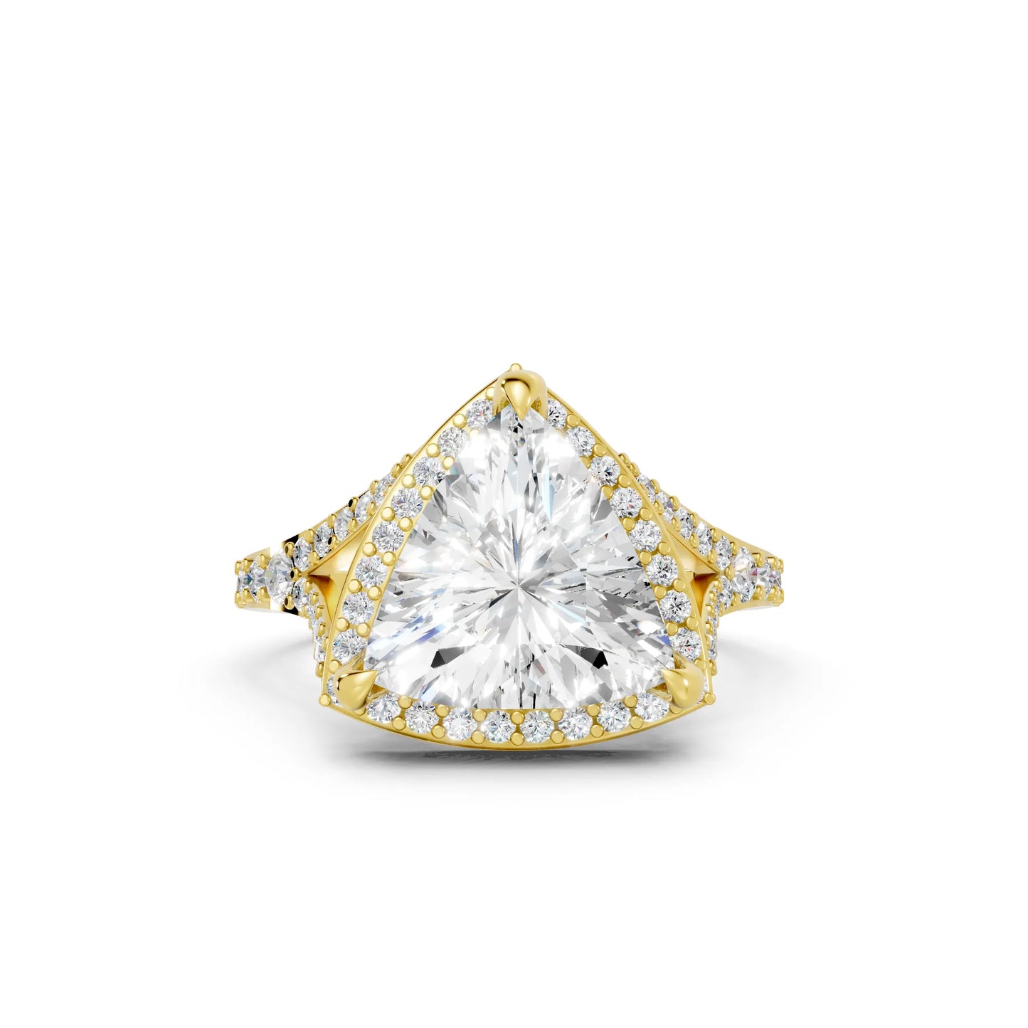 14K Gold Trillion Cut Diamond Split Shank Halo Engagement Ring