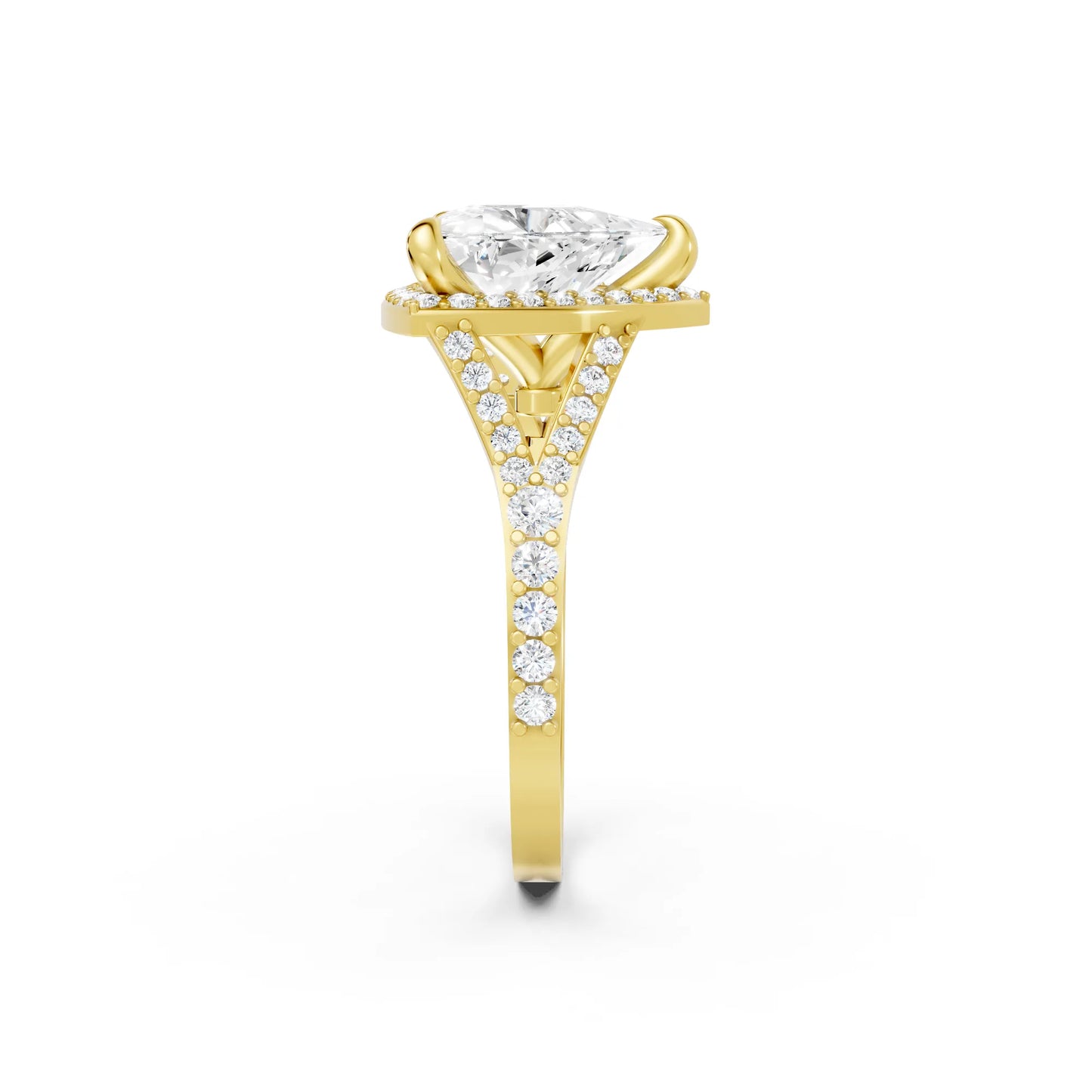 14K Gold Trillion Cut Diamond Split Shank Halo Engagement Ring