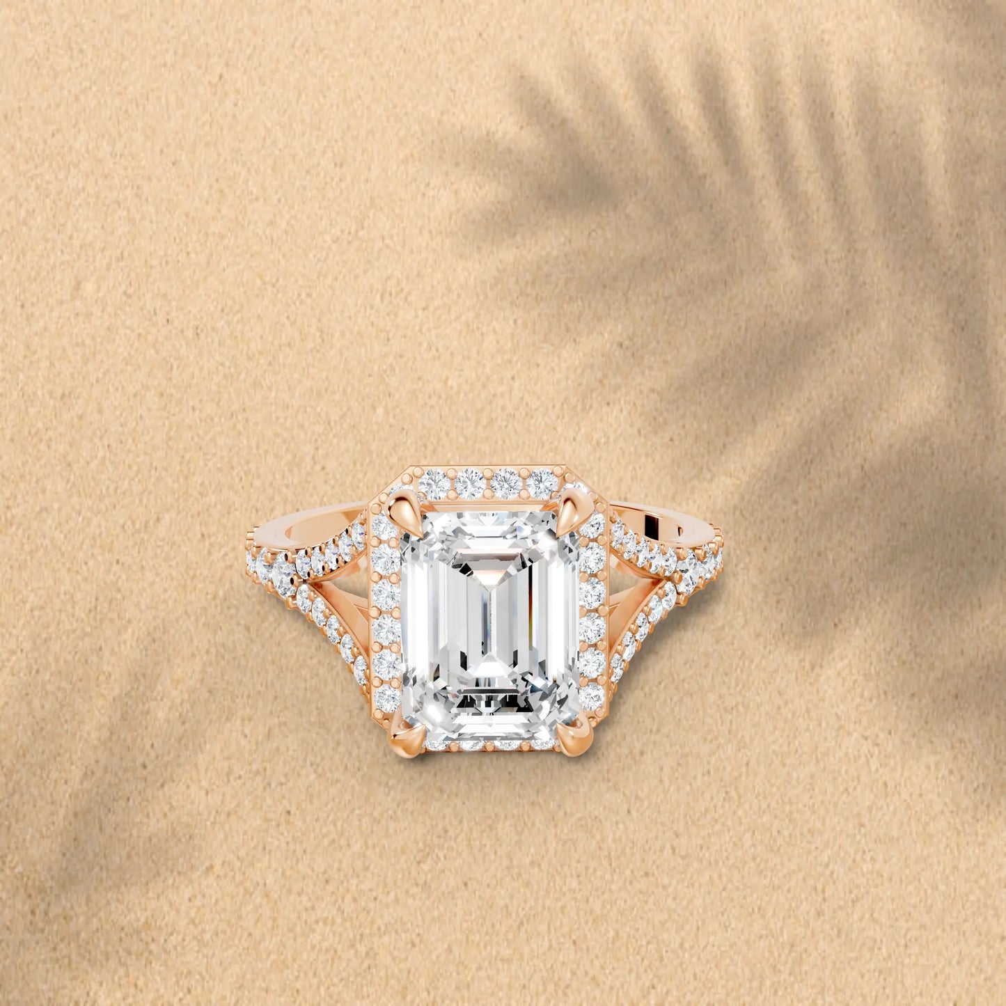14K Gold Emerald Cut Diamond Split Shank Halo Engagement Ring