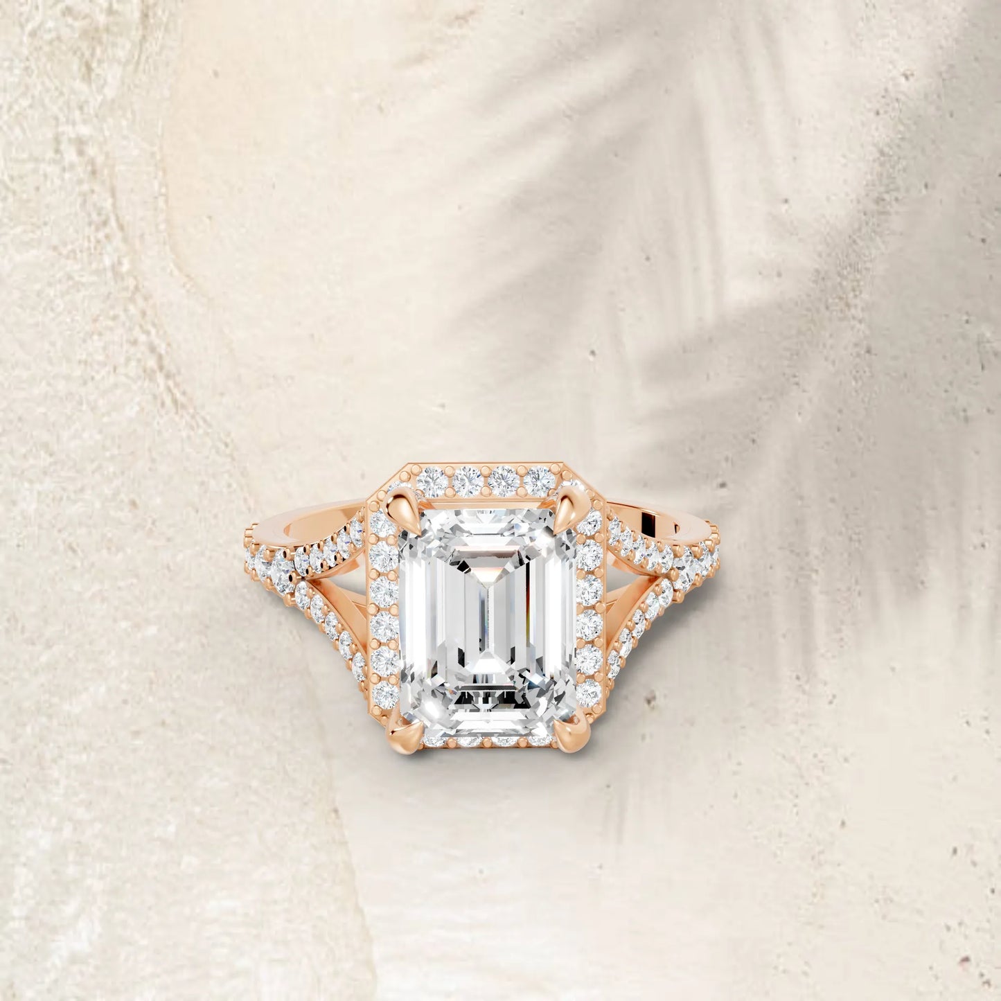 14K Gold Emerald Cut Diamond Split Shank Halo Engagement Ring