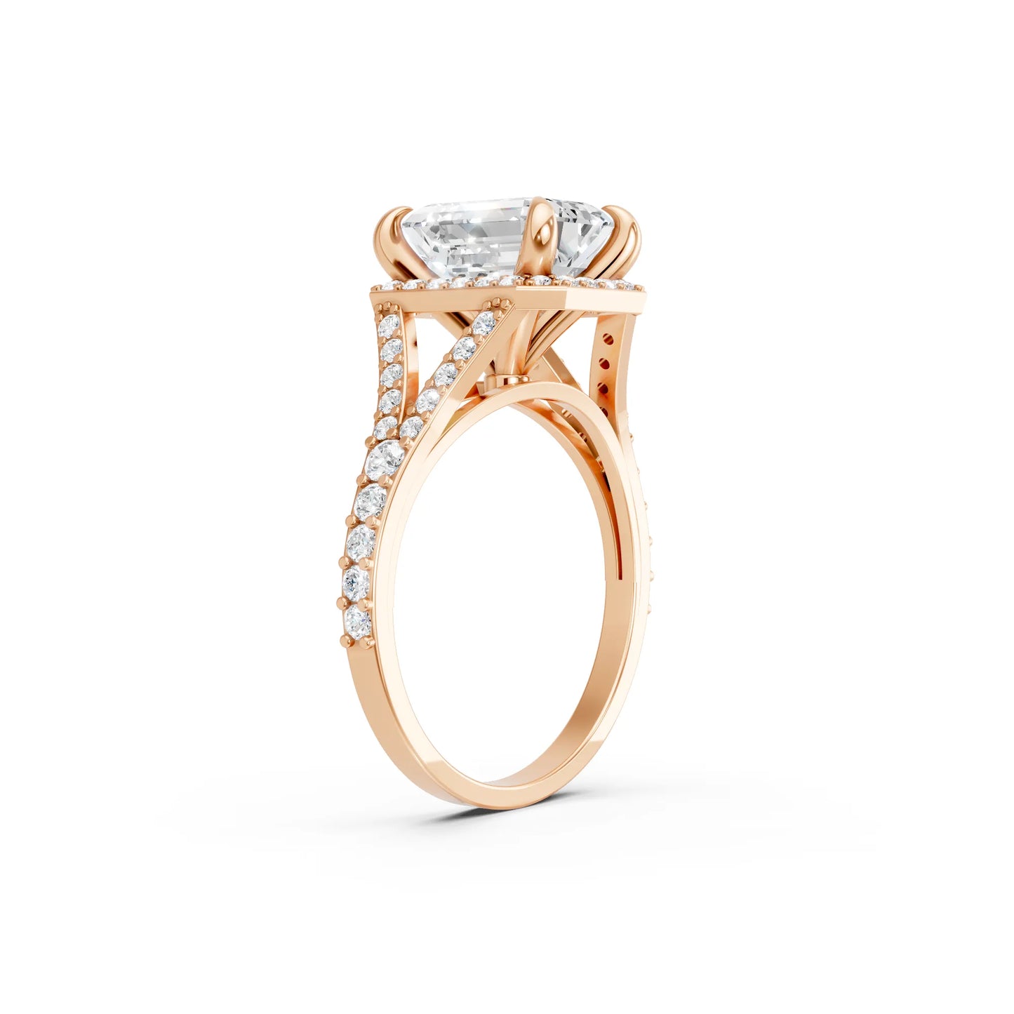 14K Gold Emerald Cut Diamond Split Shank Halo Engagement Ring