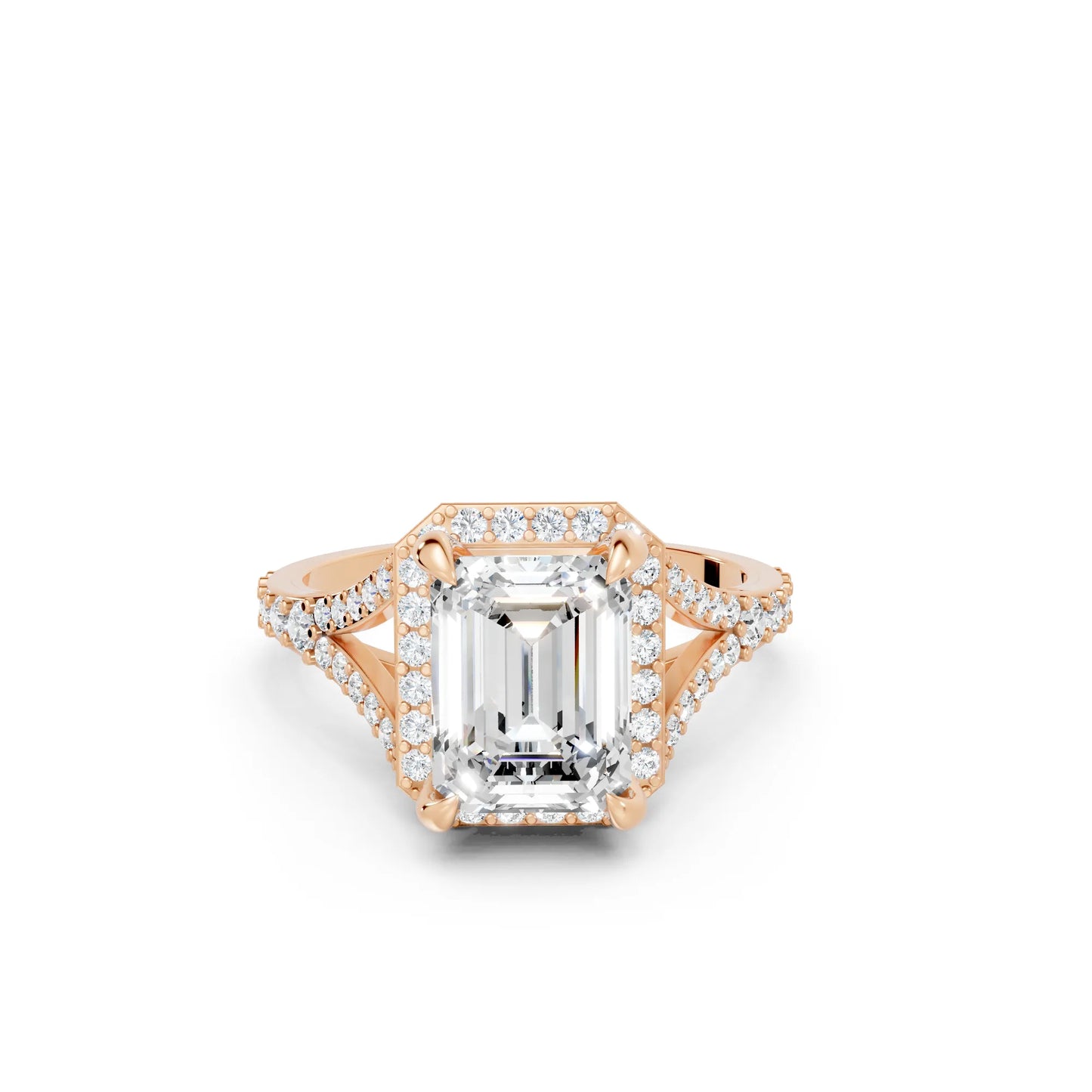 14K Gold Emerald Cut Diamond Split Shank Halo Engagement Ring