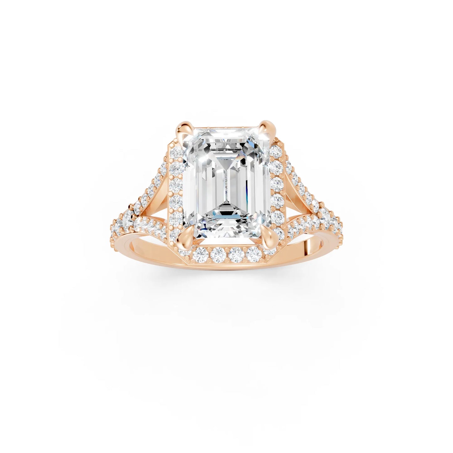 14K Gold Emerald Cut Diamond Split Shank Halo Engagement Ring