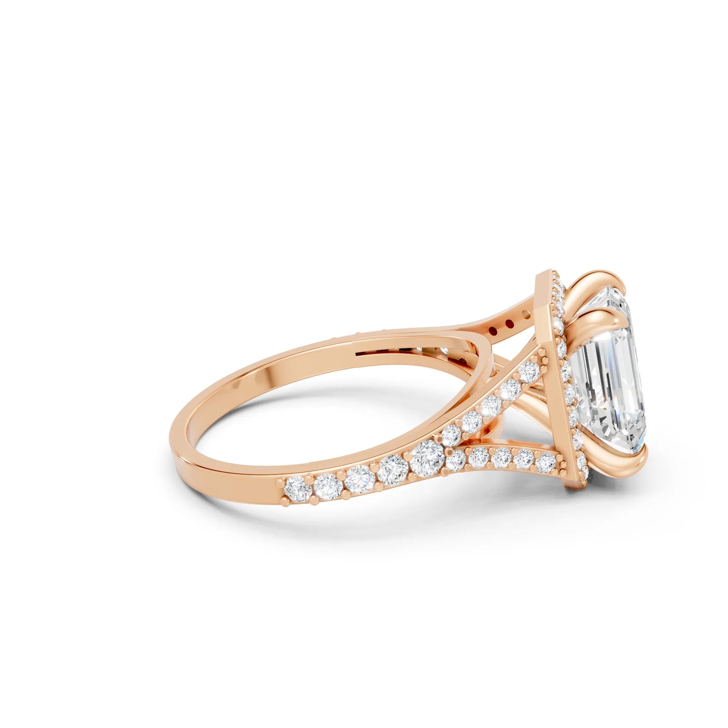 14K Gold Emerald Cut Diamond Split Shank Halo Engagement Ring