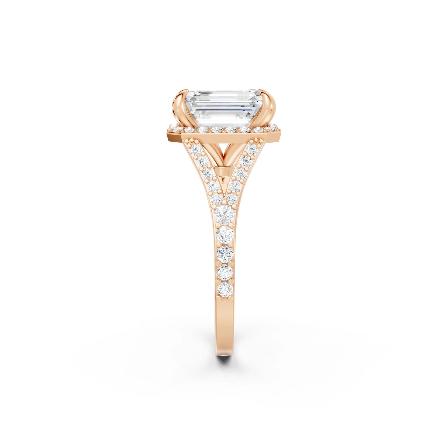14K Gold Emerald Cut Diamond Split Shank Halo Engagement Ring