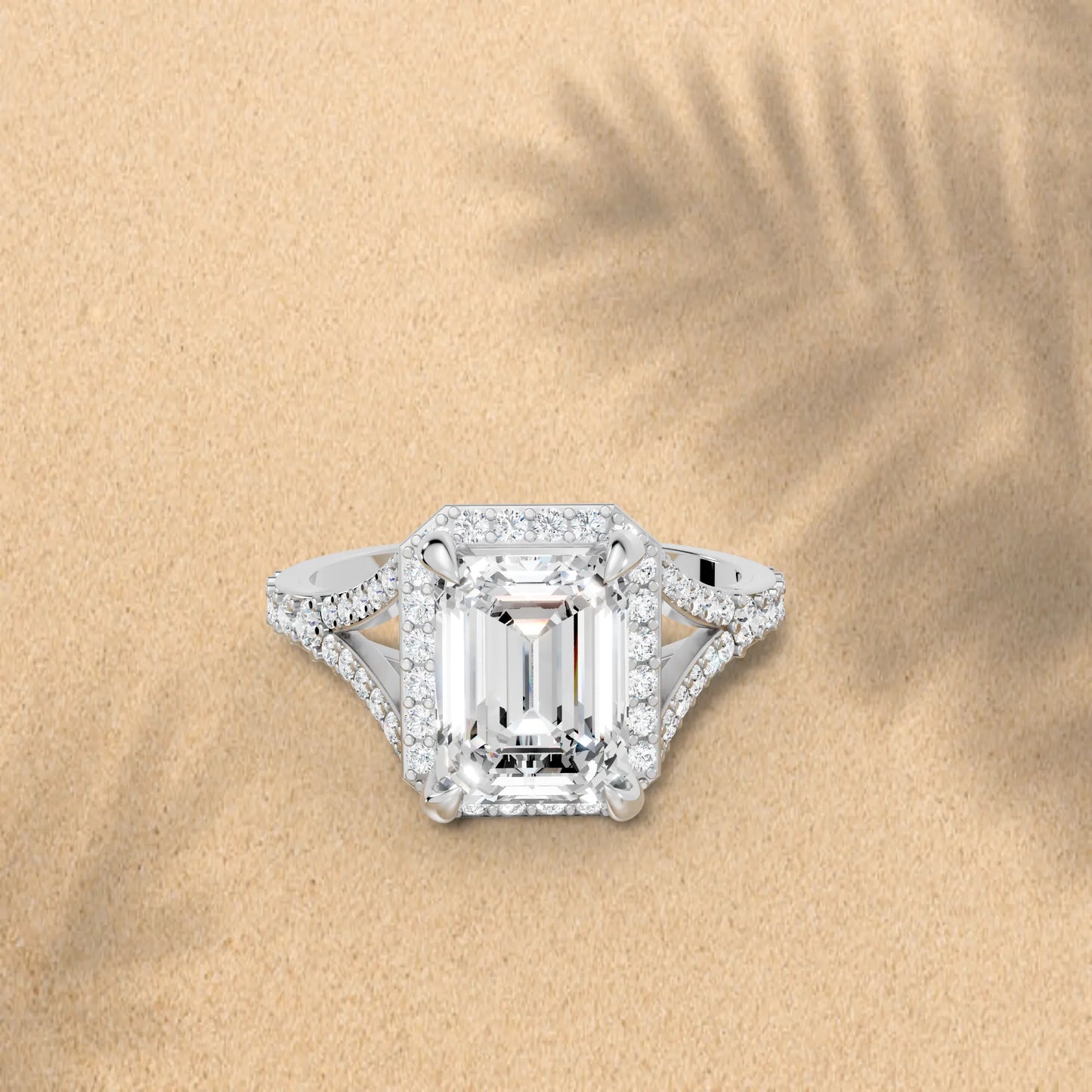14K Gold Emerald Cut Diamond Split Shank Halo Engagement Ring