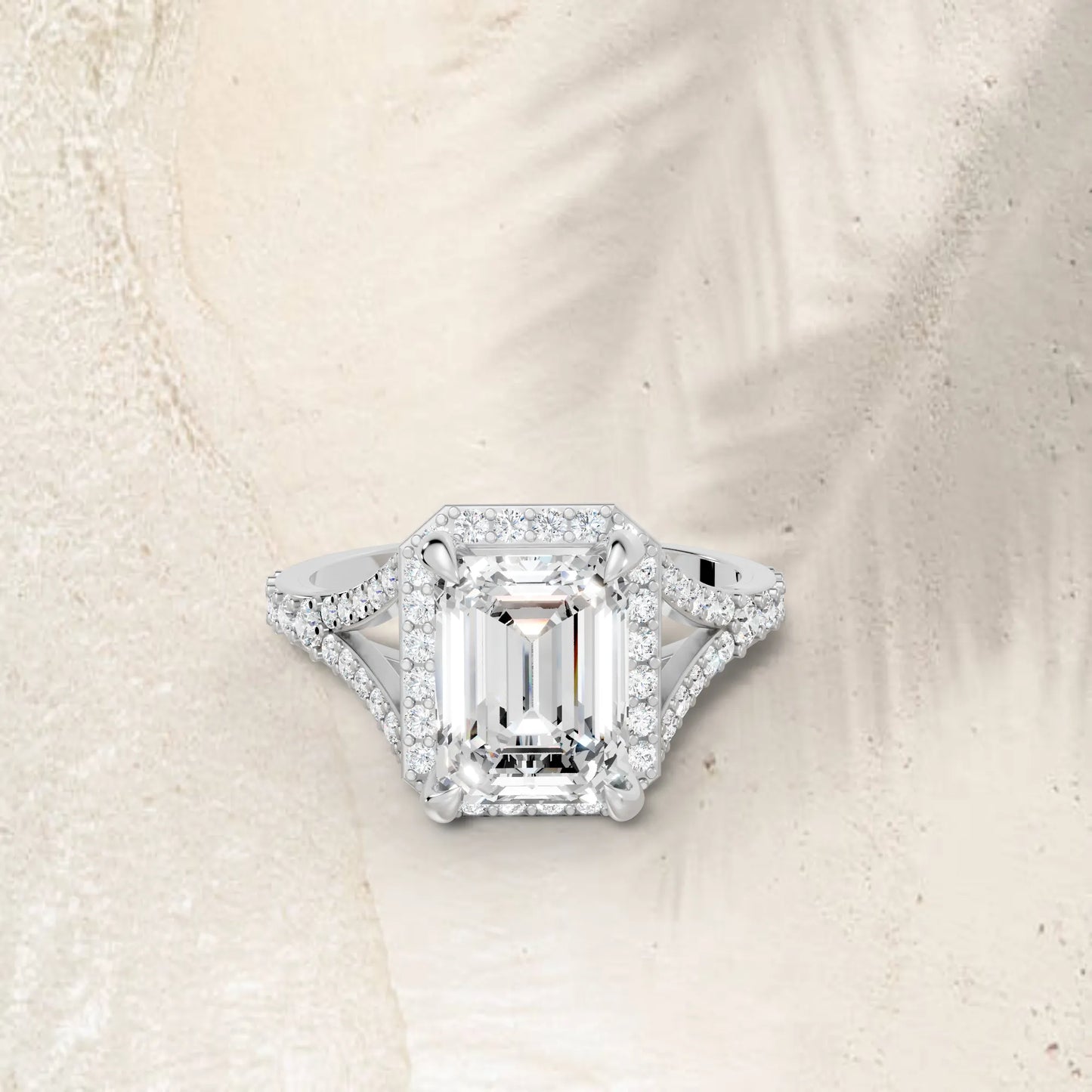 14K Gold Emerald Cut Diamond Split Shank Halo Engagement Ring