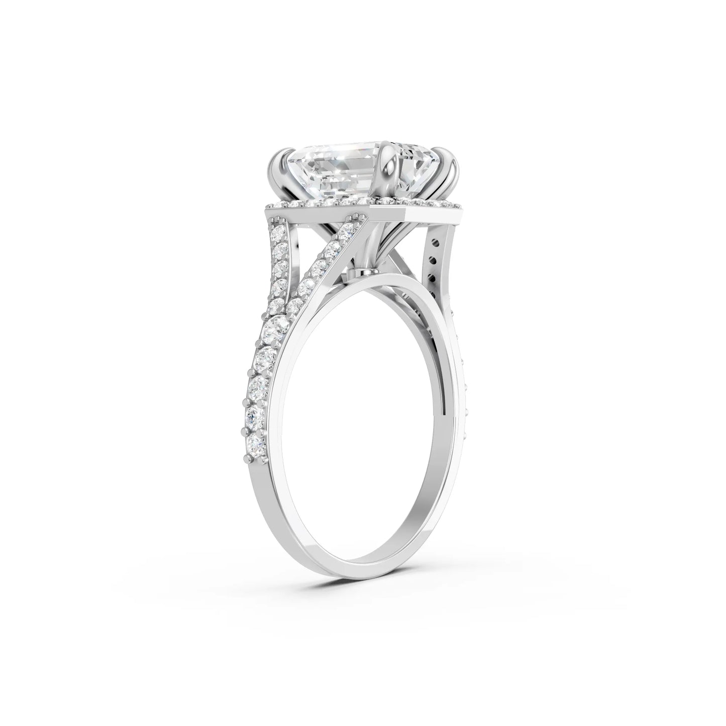 14K Gold Emerald Cut Diamond Split Shank Halo Engagement Ring