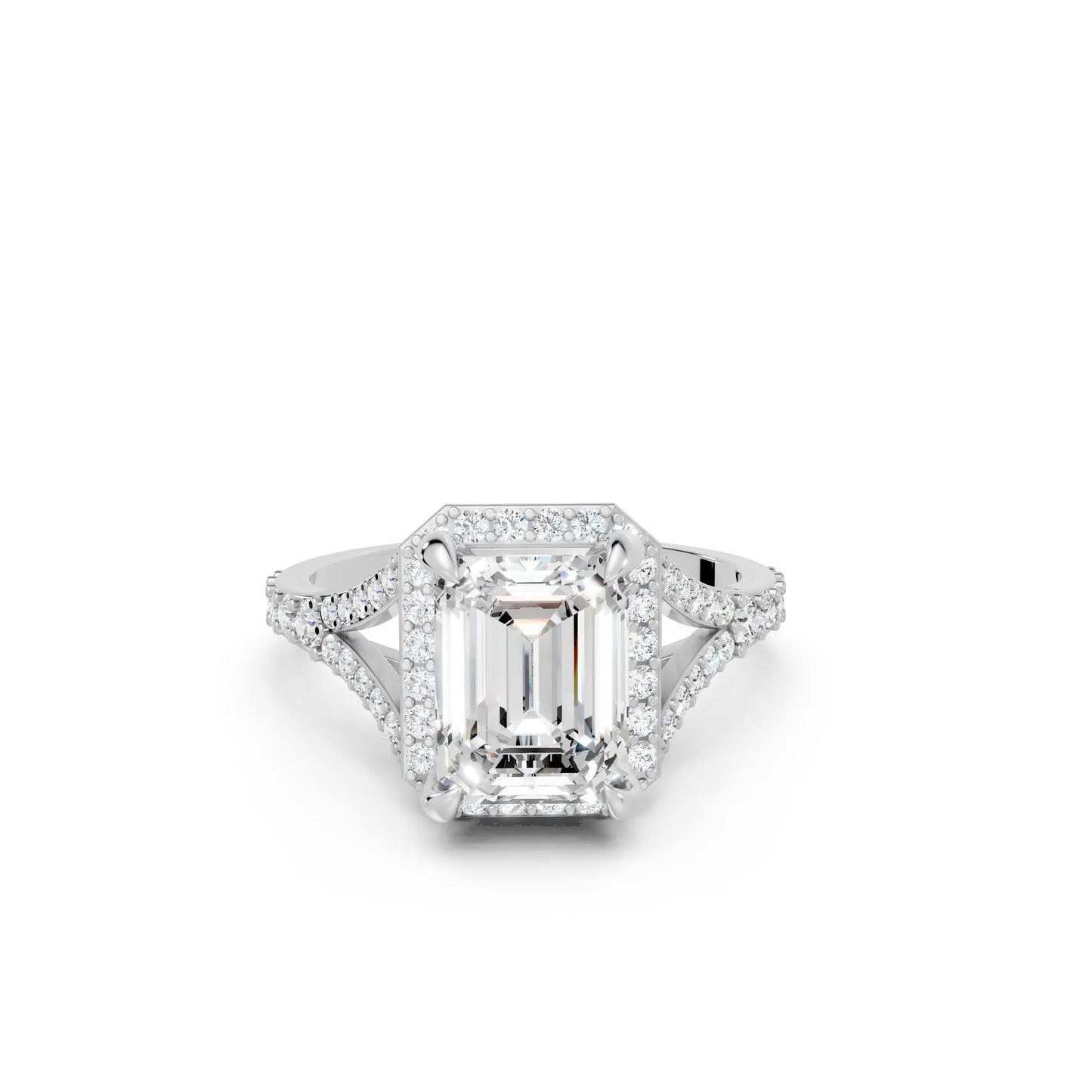 14K Gold Emerald Cut Diamond Split Shank Halo Engagement Ring