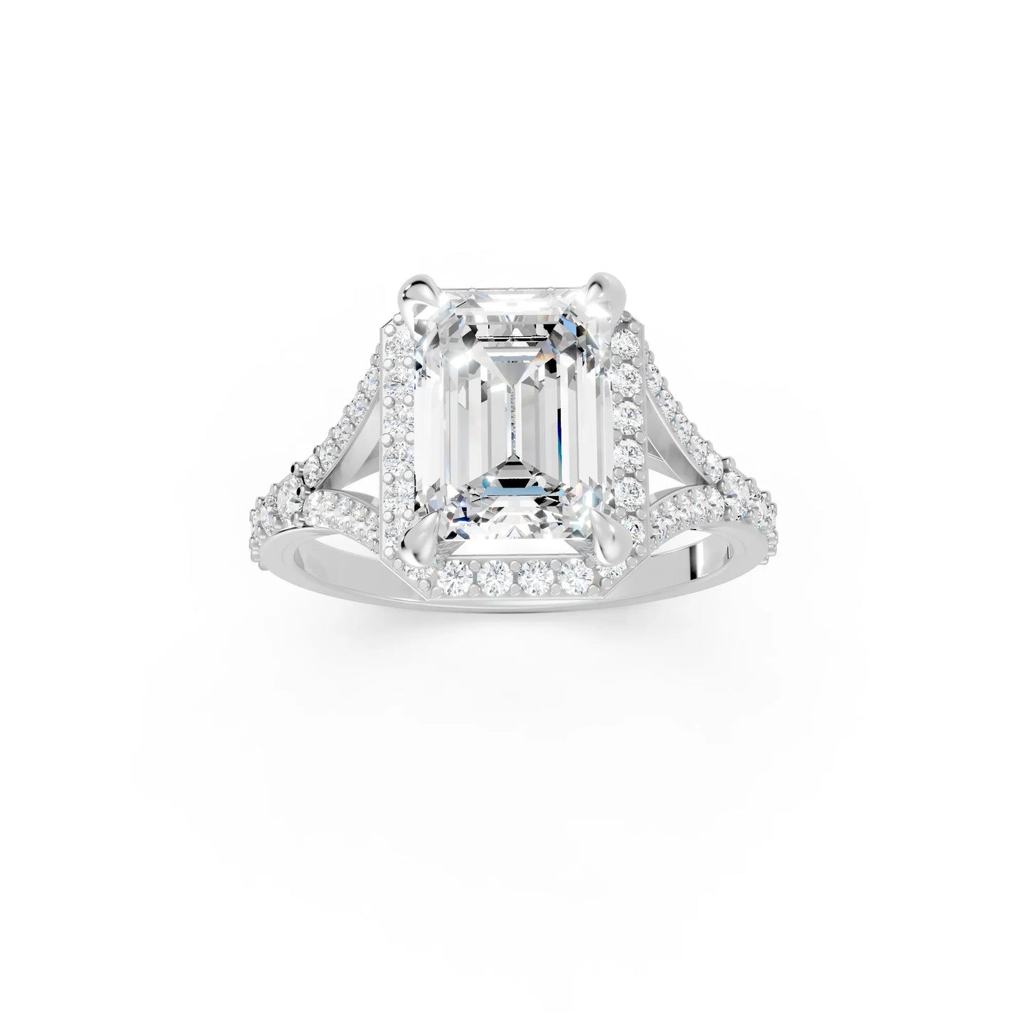 14K Gold Emerald Cut Diamond Split Shank Halo Engagement Ring