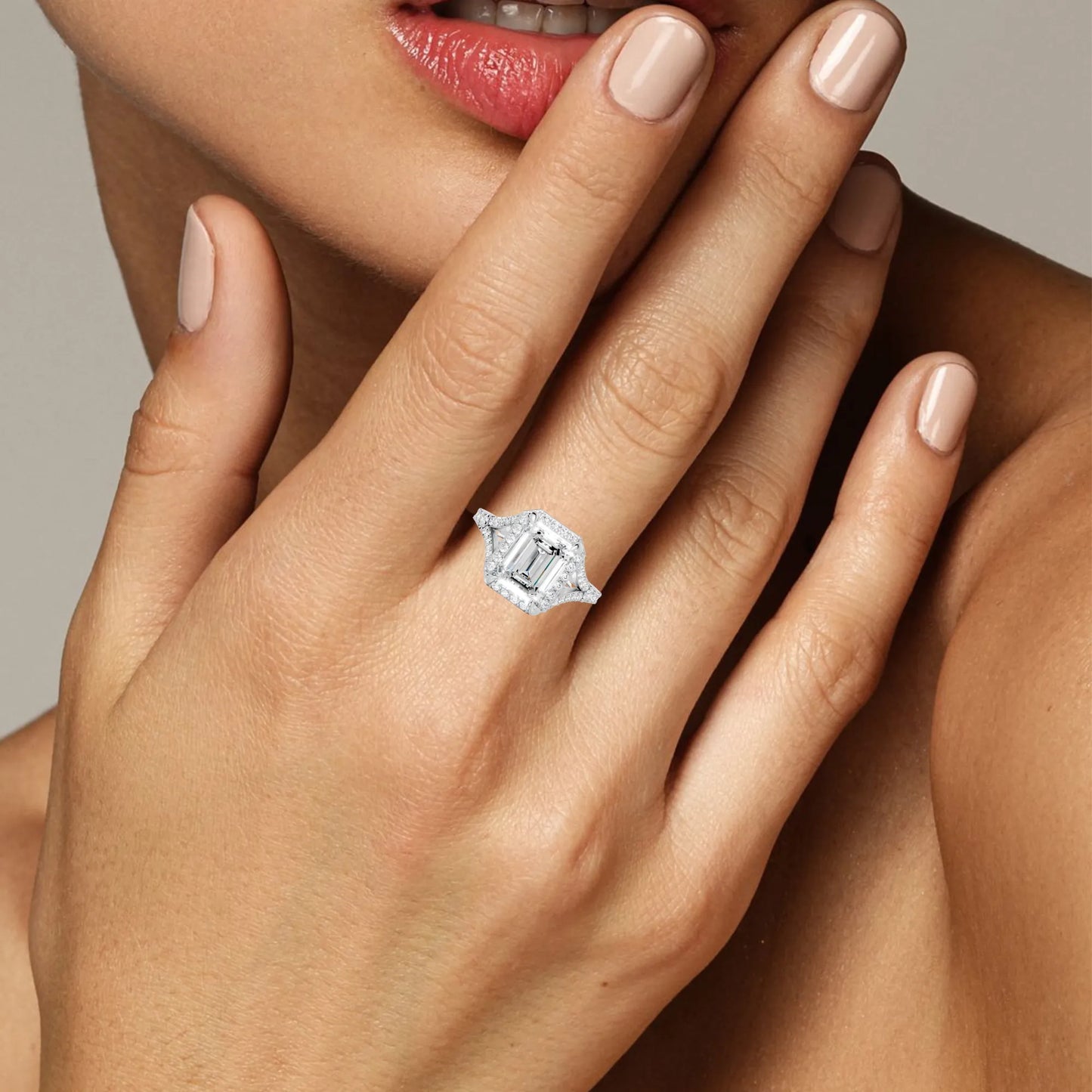 14K Gold Emerald Cut Diamond Split Shank Halo Engagement Ring
