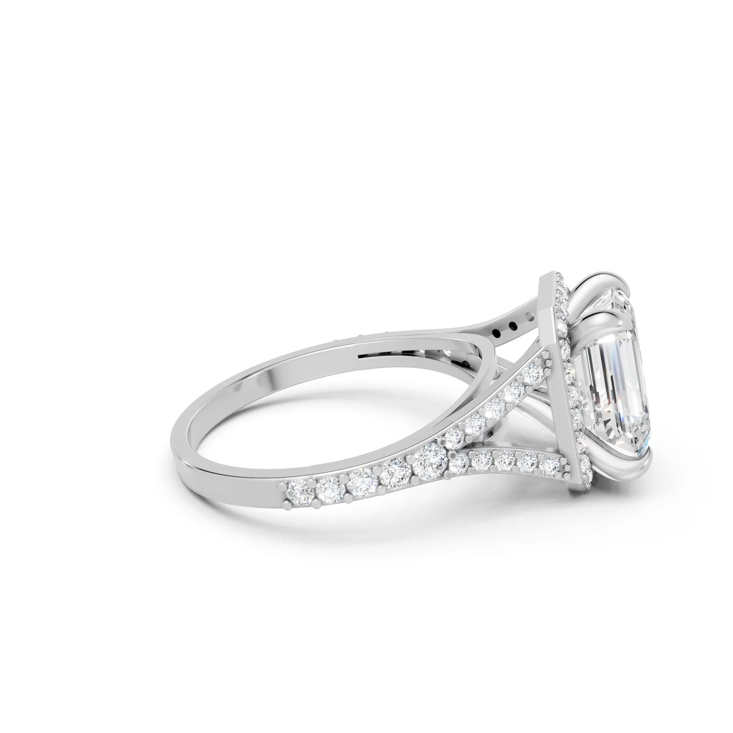 14K Gold Emerald Cut Diamond Split Shank Halo Engagement Ring