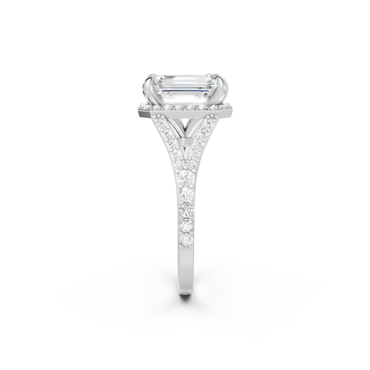 14K Gold Emerald Cut Diamond Split Shank Halo Engagement Ring