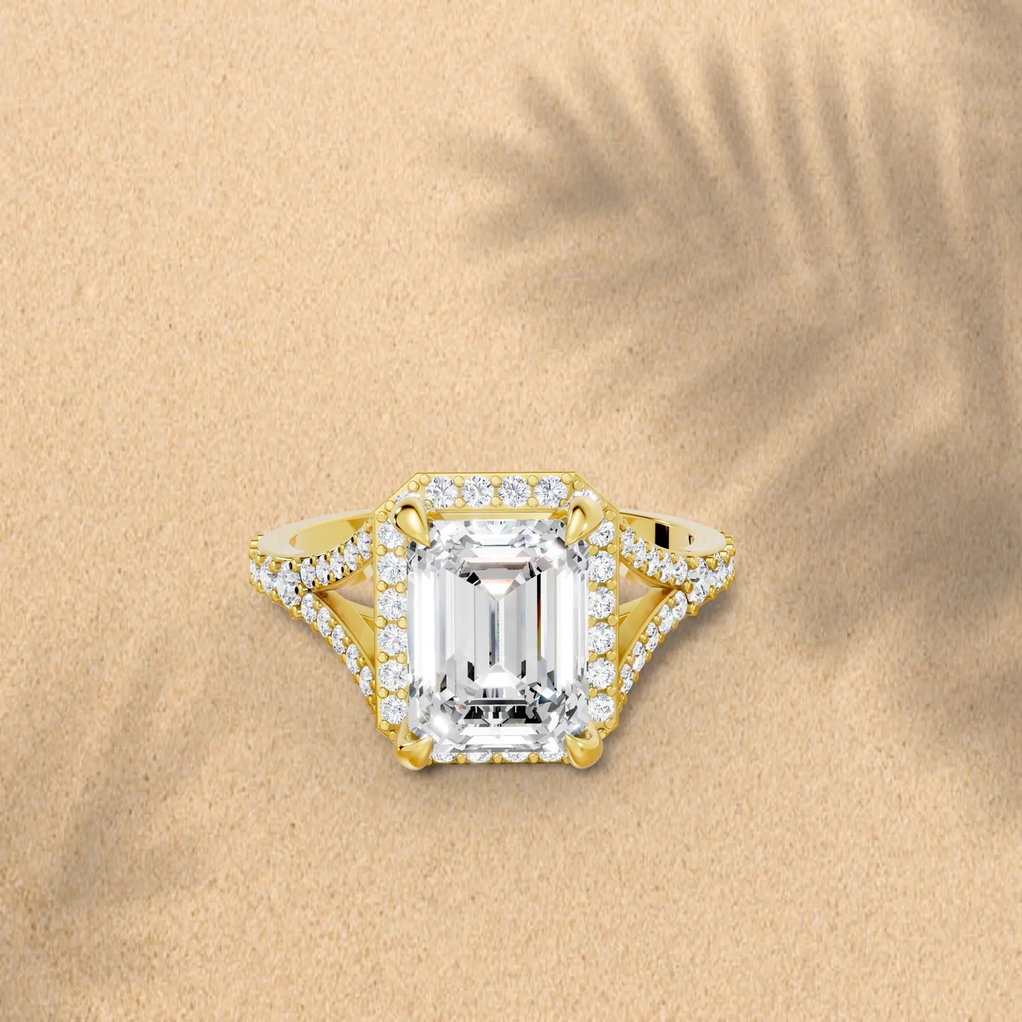 14K Gold Emerald Cut Diamond Split Shank Halo Engagement Ring