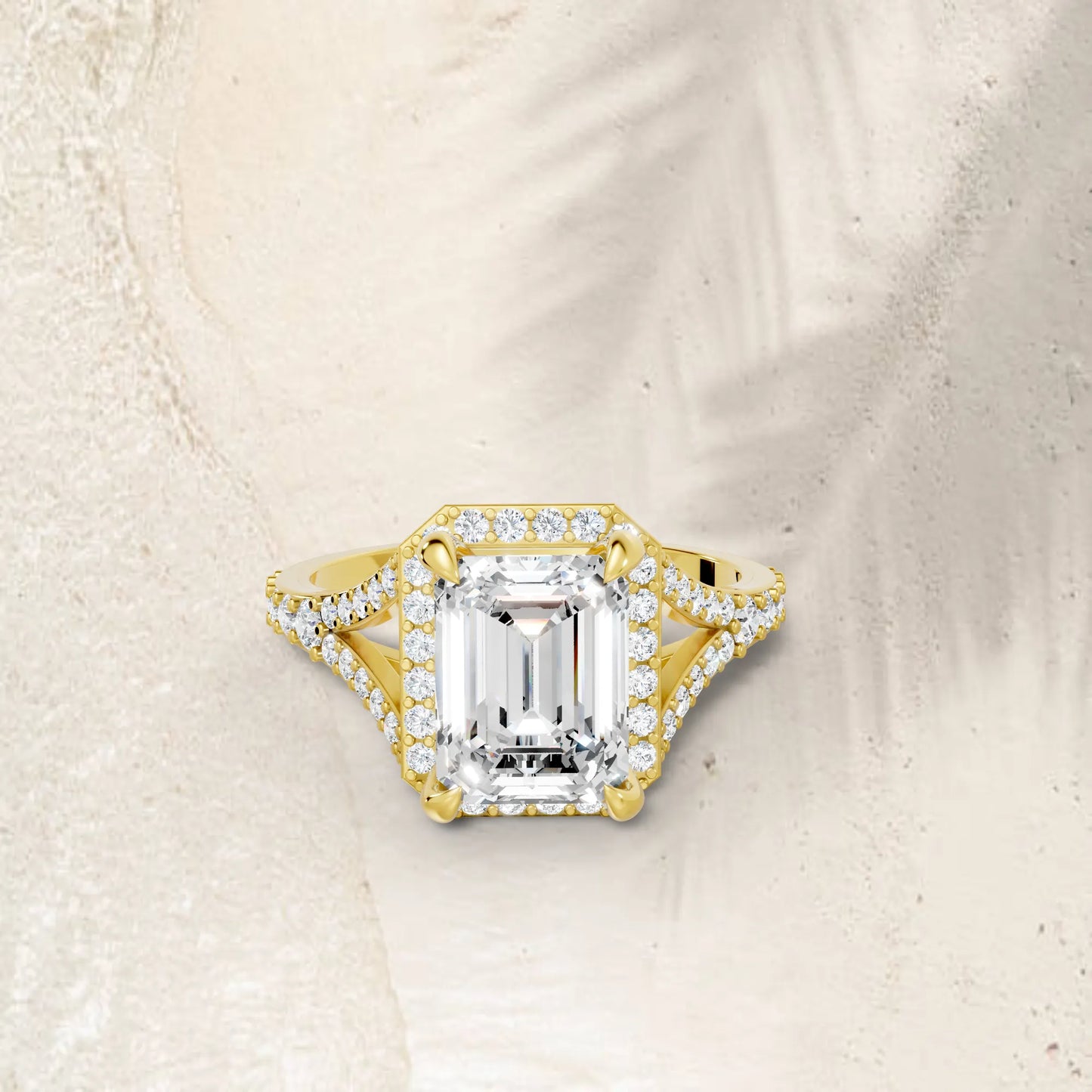 14K Gold Emerald Cut Diamond Split Shank Halo Engagement Ring