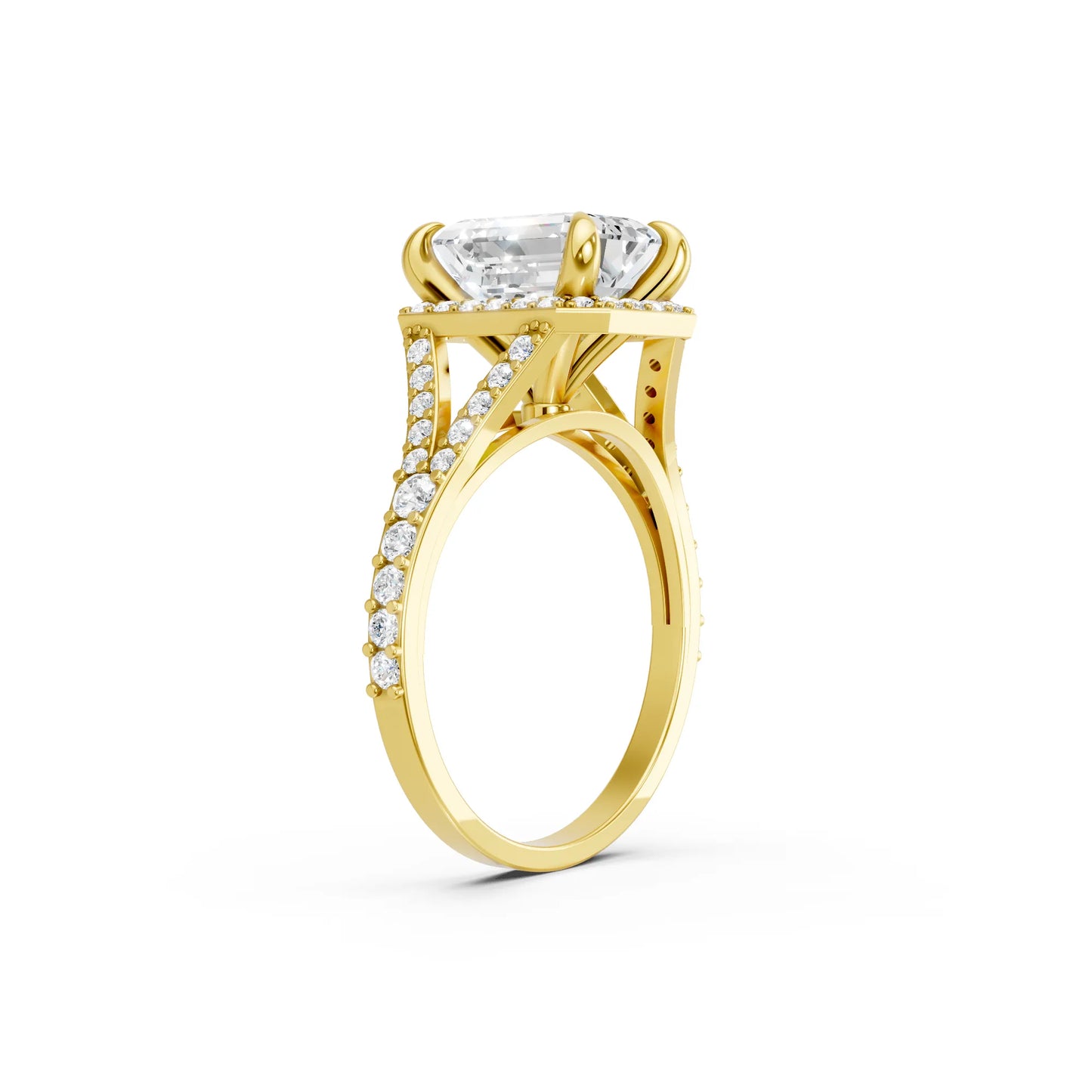 14K Gold Emerald Cut Diamond Split Shank Halo Engagement Ring
