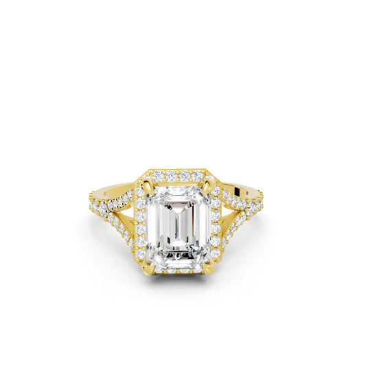 14K Gold Emerald Cut Diamond Split Shank Halo Engagement Ring