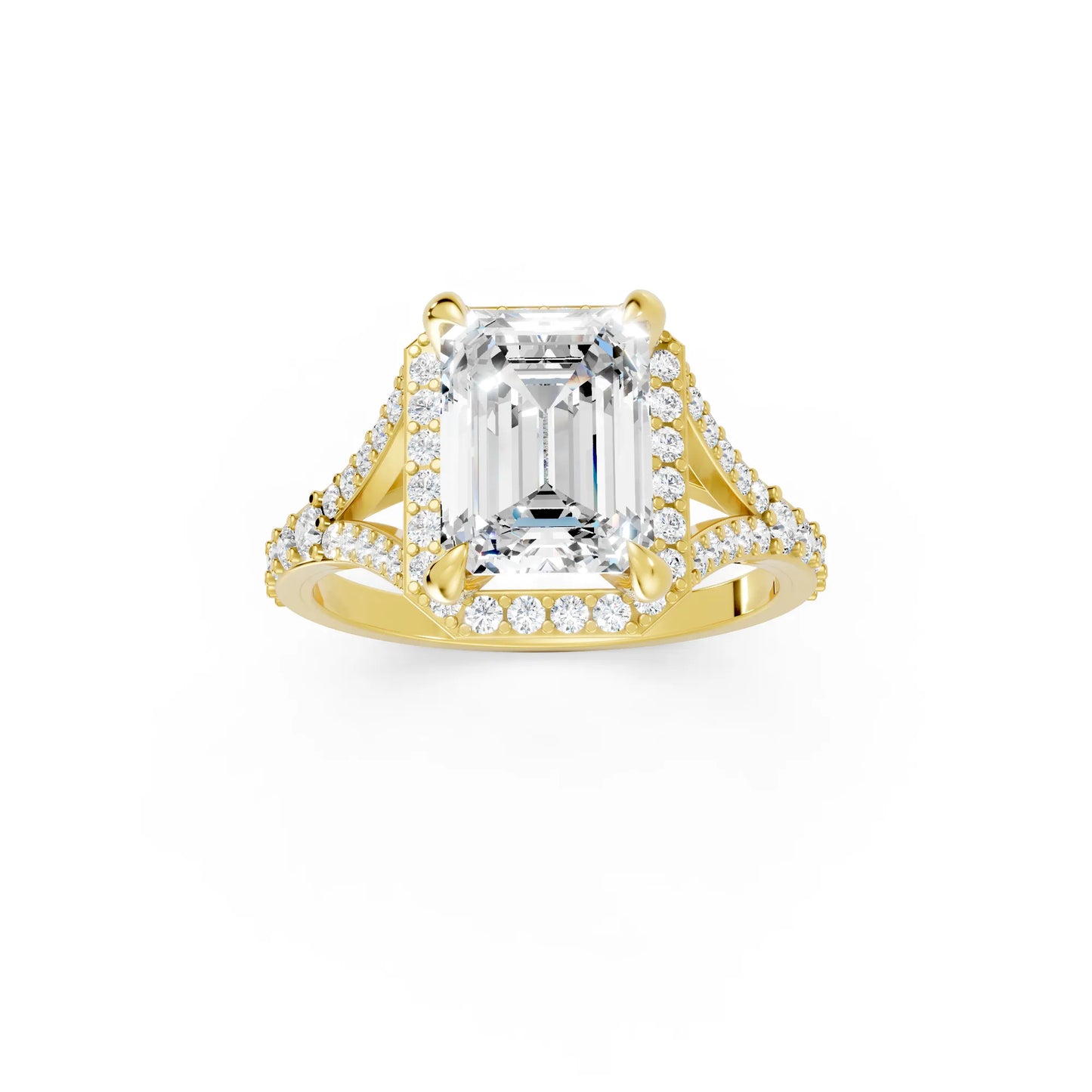 14K Gold Emerald Cut Diamond Split Shank Halo Engagement Ring
