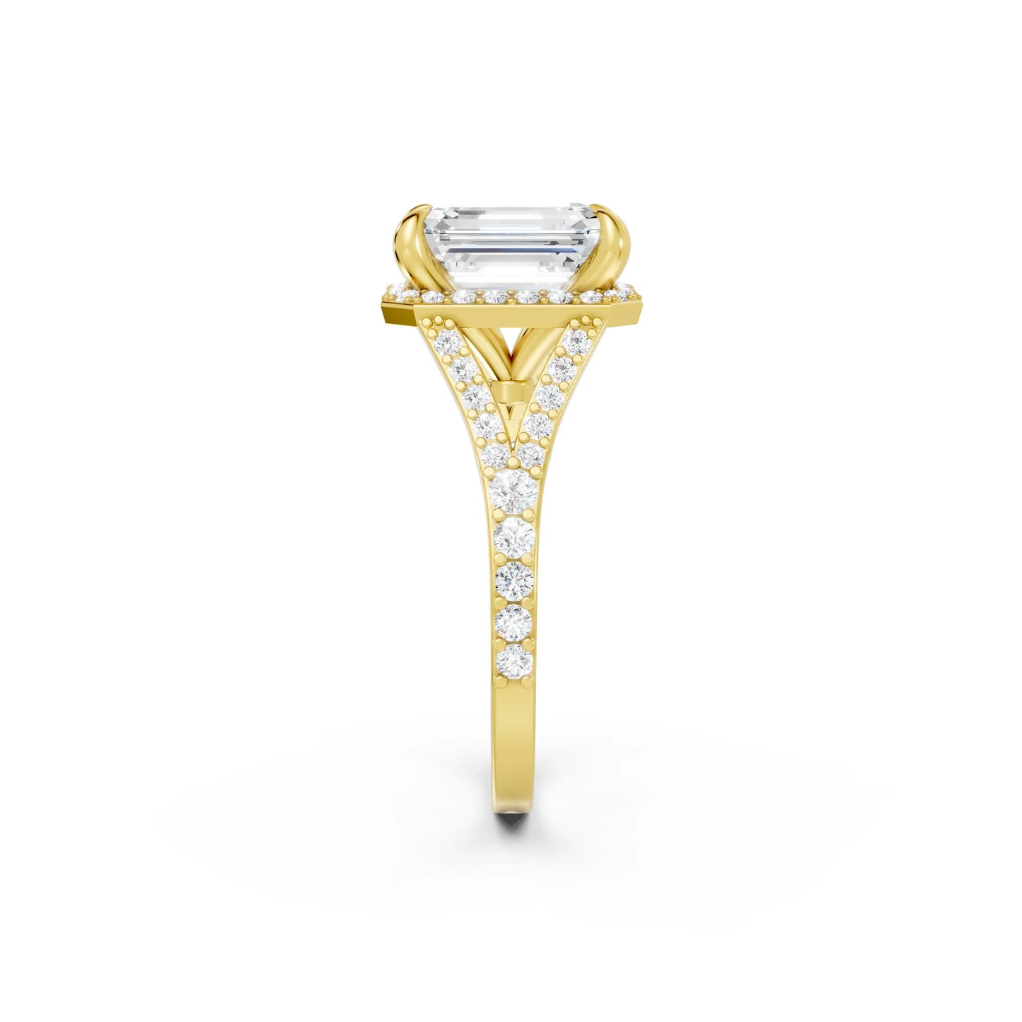 14K Gold Emerald Cut Diamond Split Shank Halo Engagement Ring