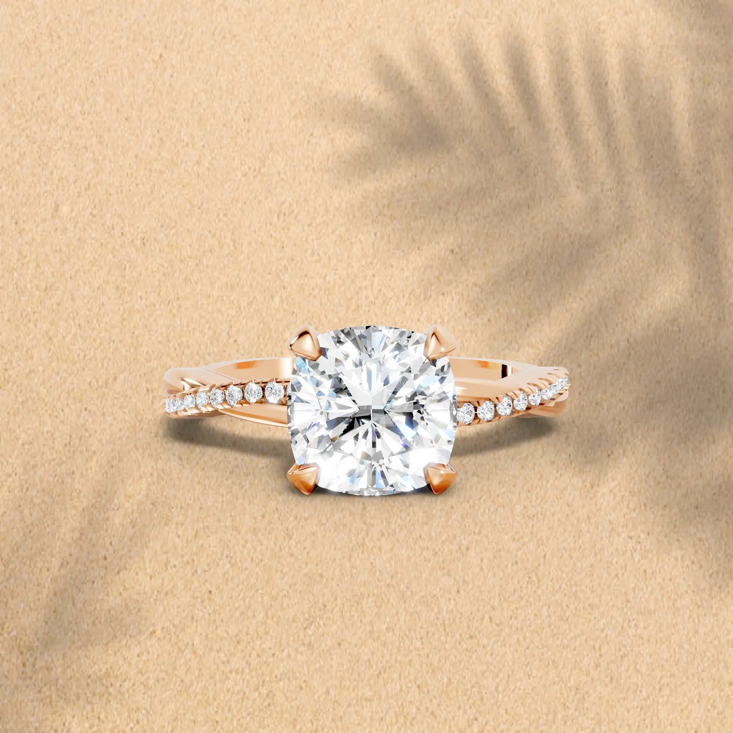 14K Gold Cushion Cut Diamond Twisted Vine Hidden Halo Engagement Ring