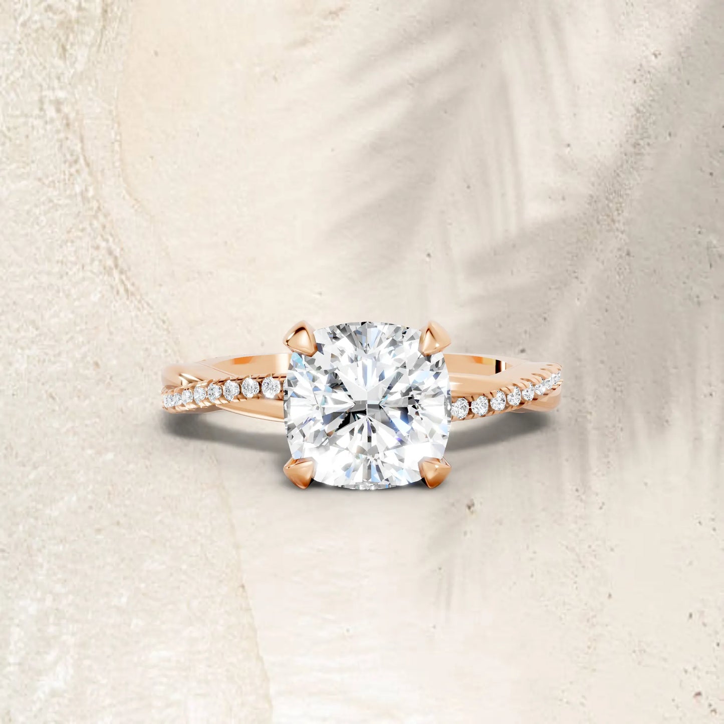 14K Gold Cushion Cut Diamond Twisted Vine Hidden Halo Engagement Ring