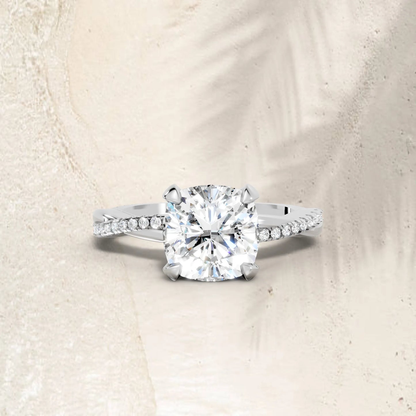 14K Gold Cushion Cut Diamond Twisted Vine Hidden Halo Engagement Ring