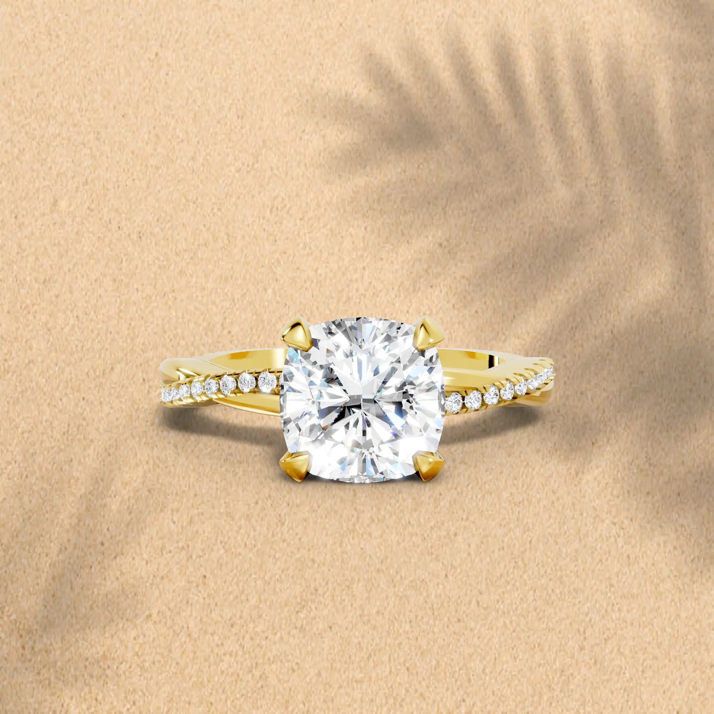 14K Gold Cushion Cut Diamond Twisted Vine Hidden Halo Engagement Ring