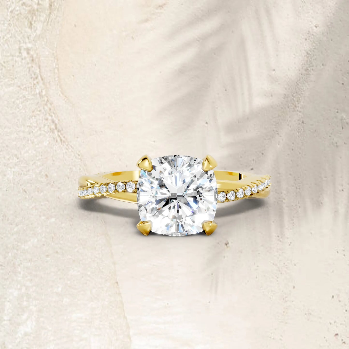 14K Gold Cushion Cut Diamond Twisted Vine Hidden Halo Engagement Ring