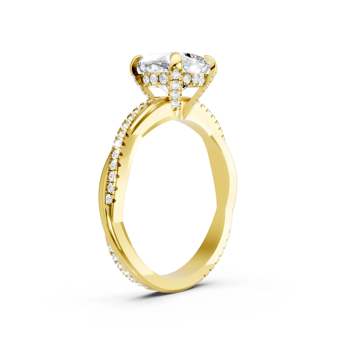 14K Gold Cushion Cut Diamond Twisted Vine Hidden Halo Engagement Ring