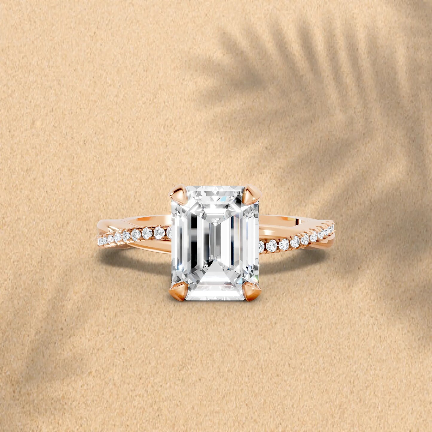 14K Gold Emerald  Cut Diamond Twisted Vine Hidden Halo Engagement Ring