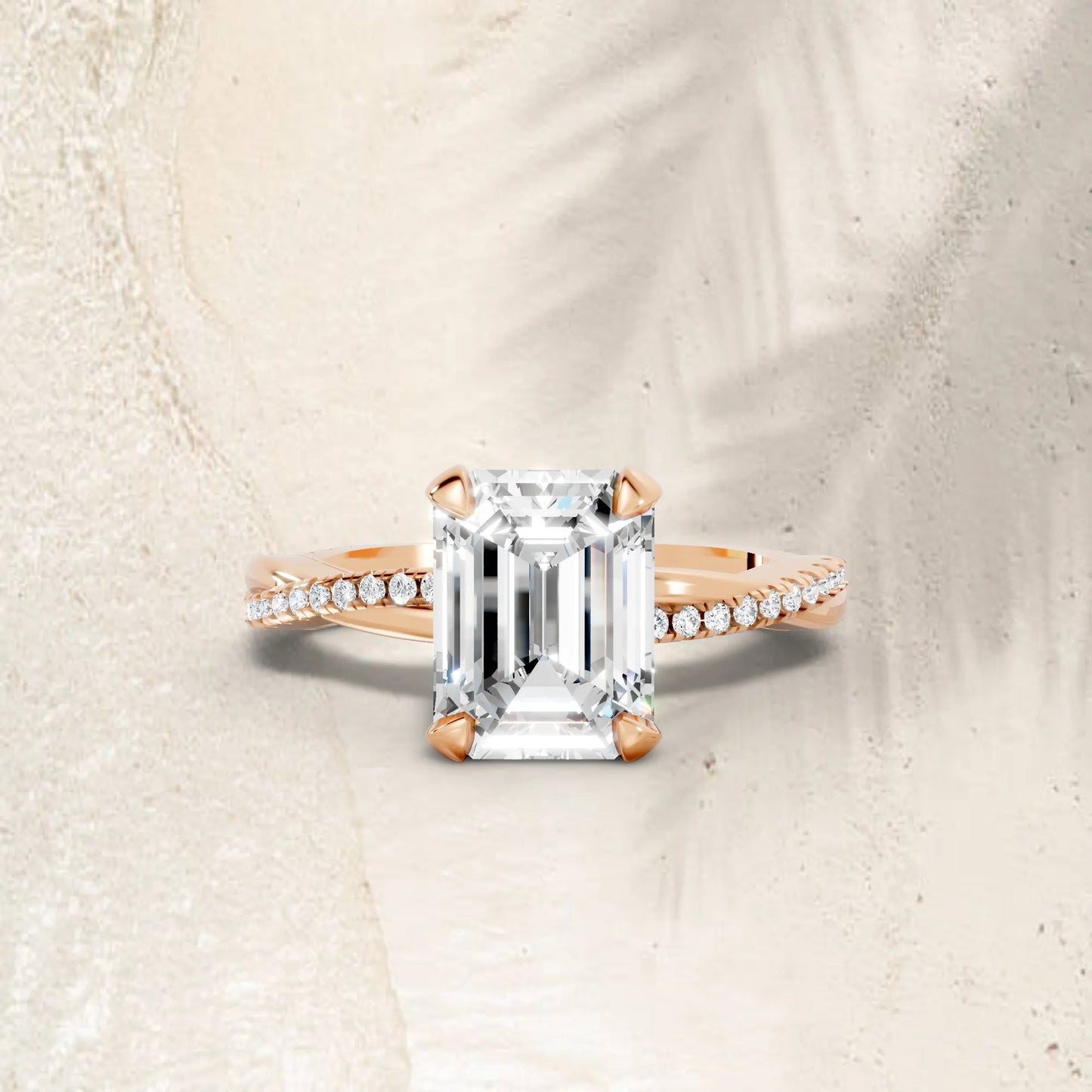 14K Gold Emerald  Cut Diamond Twisted Vine Hidden Halo Engagement Ring