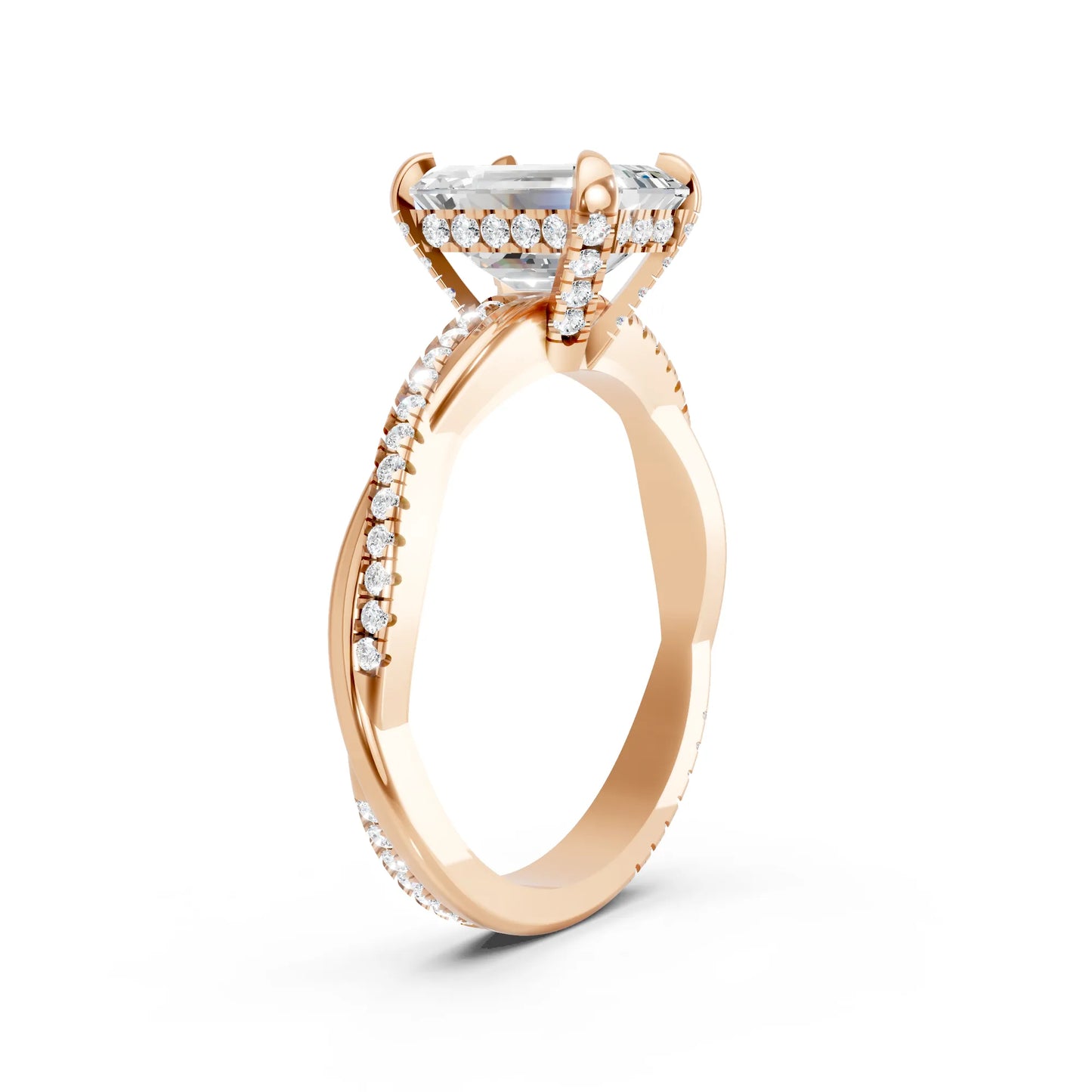 14K Gold Emerald  Cut Diamond Twisted Vine Hidden Halo Engagement Ring