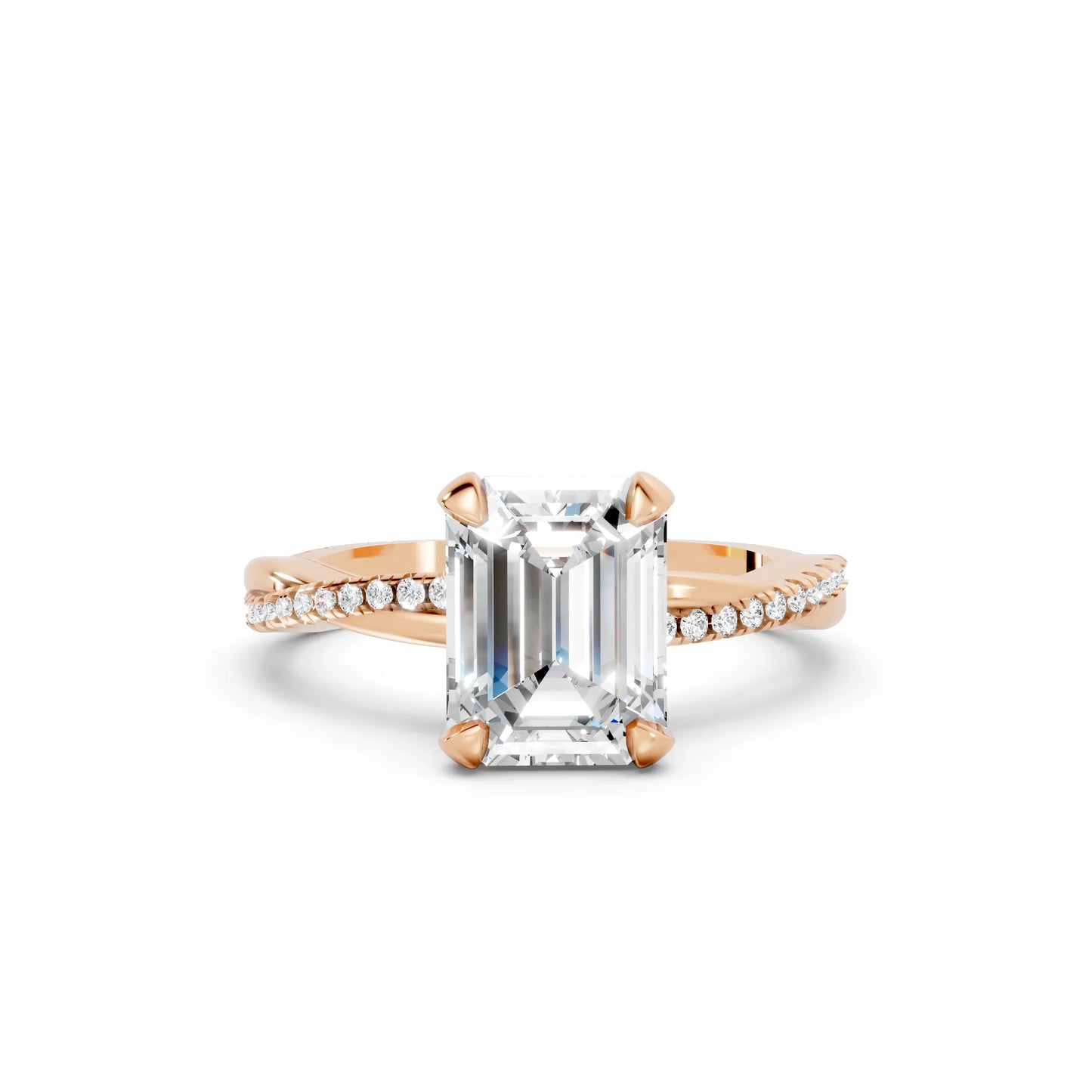 14K Gold Emerald  Cut Diamond Twisted Vine Hidden Halo Engagement Ring