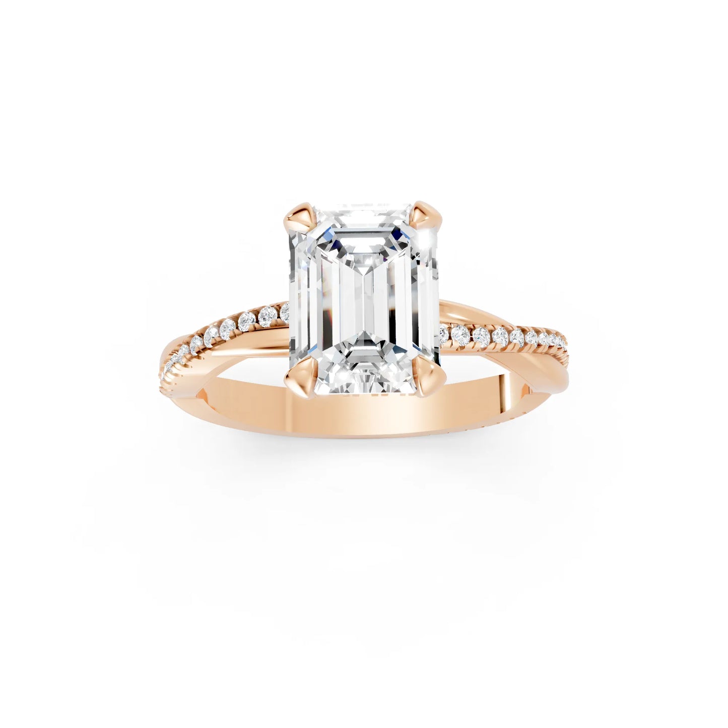 14K Gold Emerald  Cut Diamond Twisted Vine Hidden Halo Engagement Ring