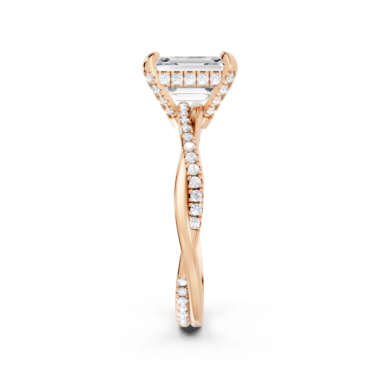 14K Gold Emerald  Cut Diamond Twisted Vine Hidden Halo Engagement Ring