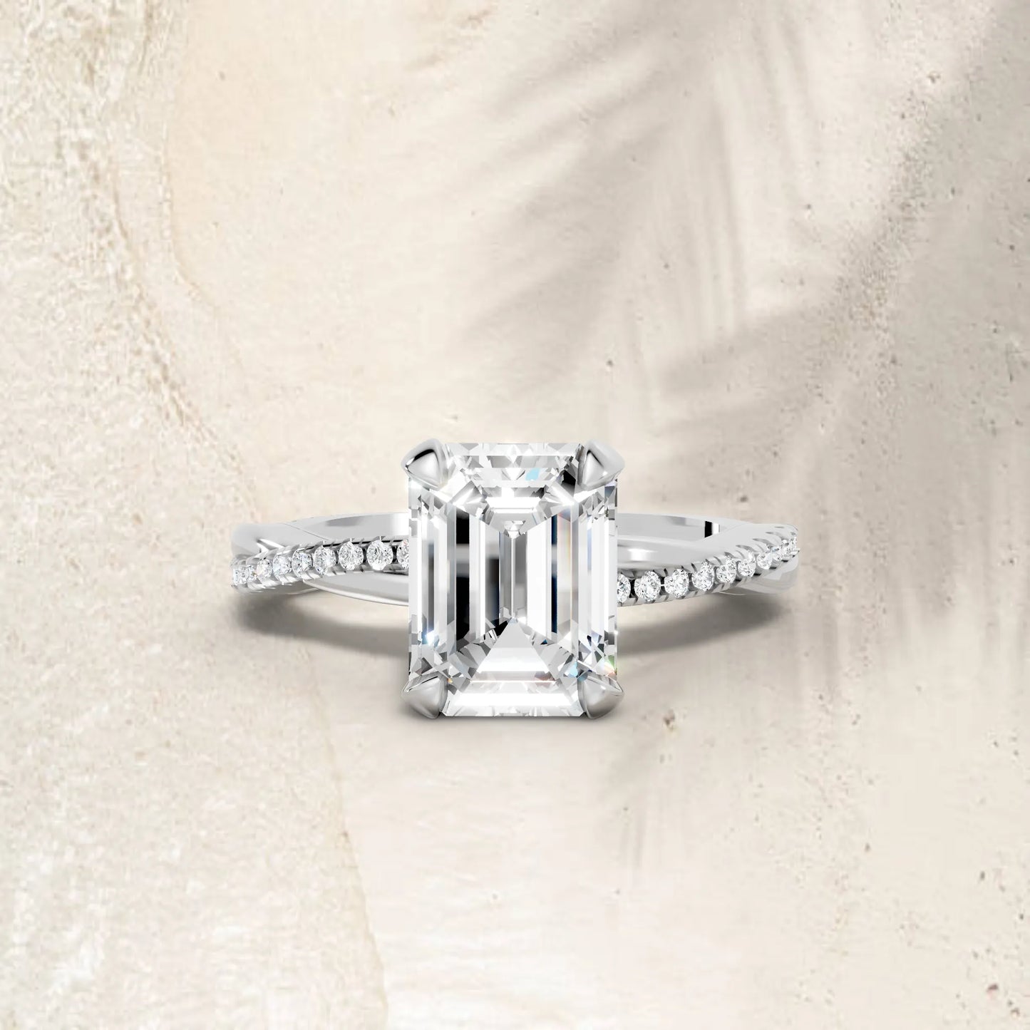 14K Gold Emerald  Cut Diamond Twisted Vine Hidden Halo Engagement Ring