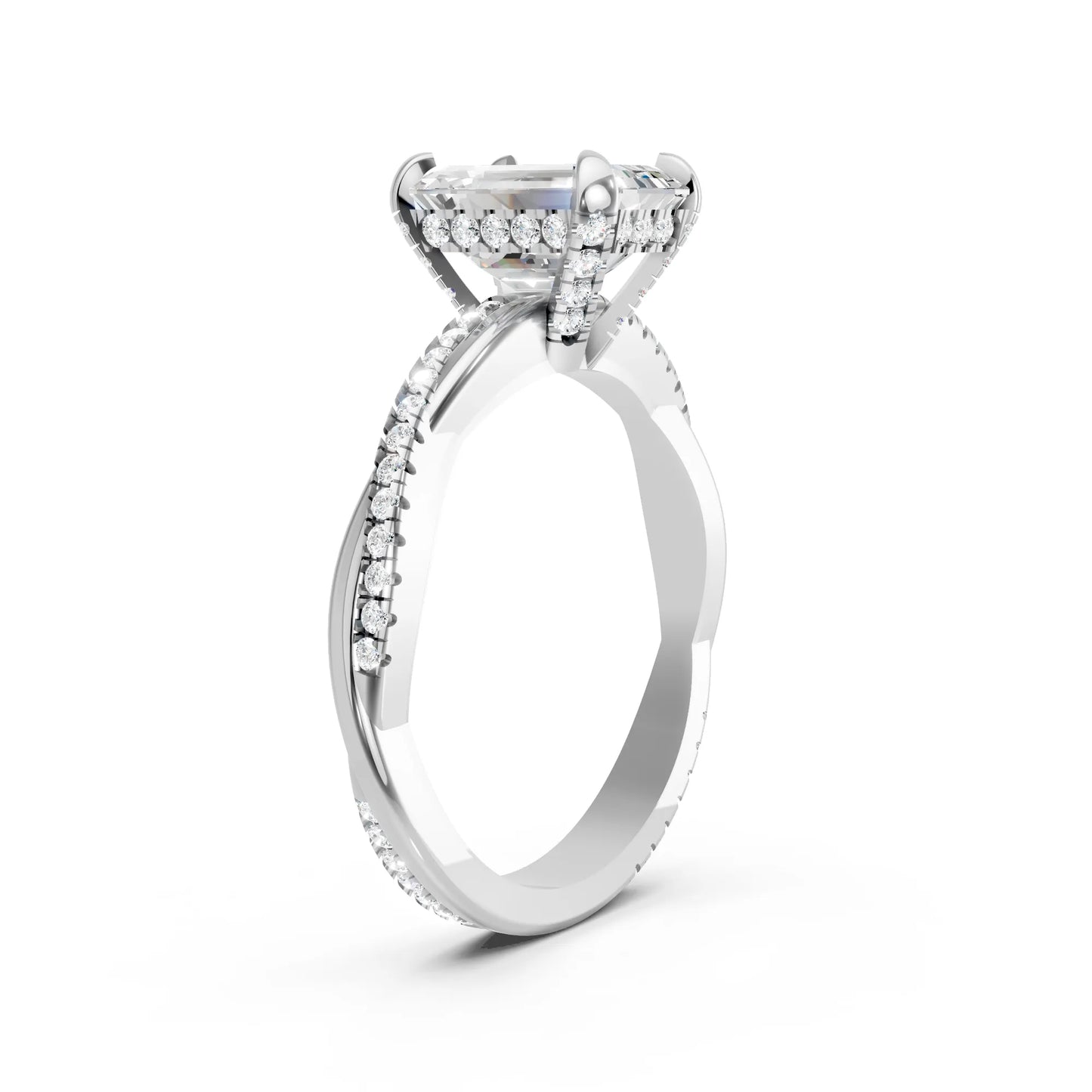 14K Gold Emerald  Cut Diamond Twisted Vine Hidden Halo Engagement Ring