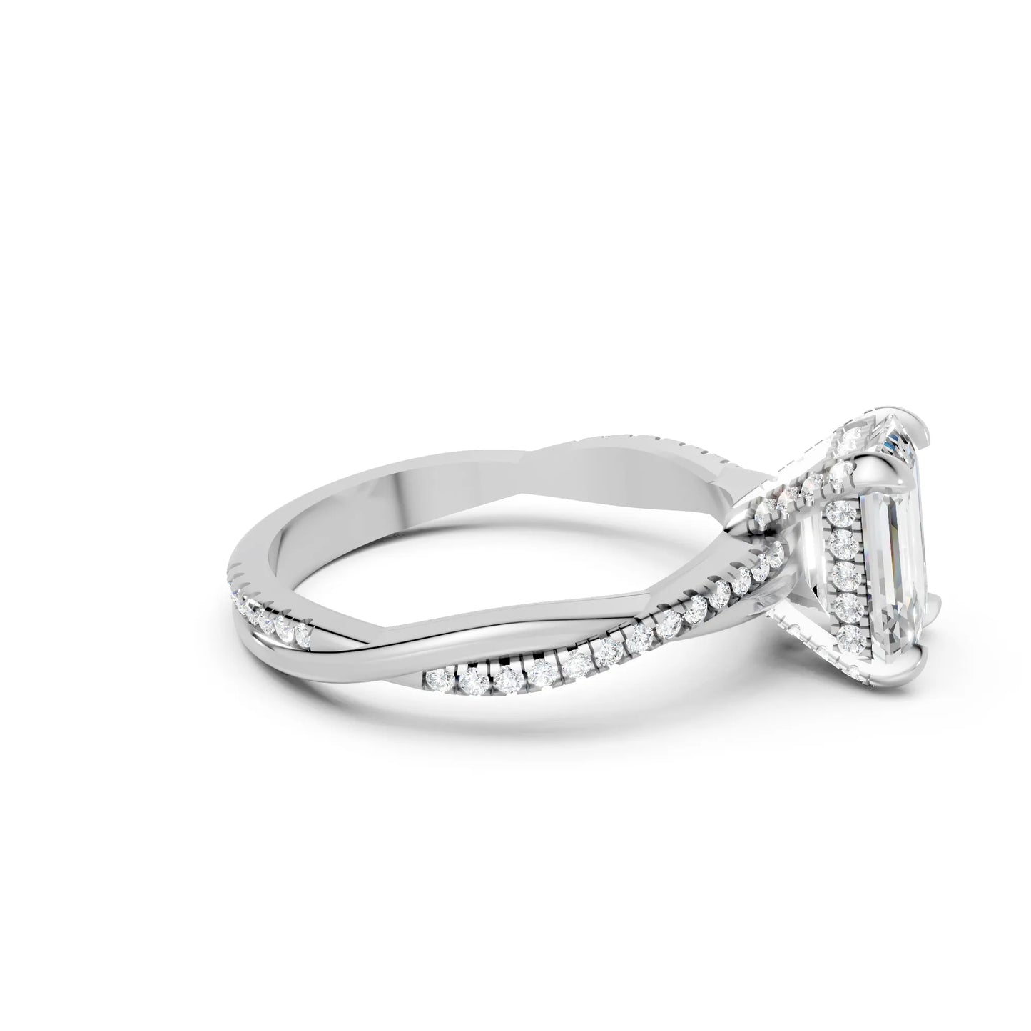 14K Gold Emerald  Cut Diamond Twisted Vine Hidden Halo Engagement Ring