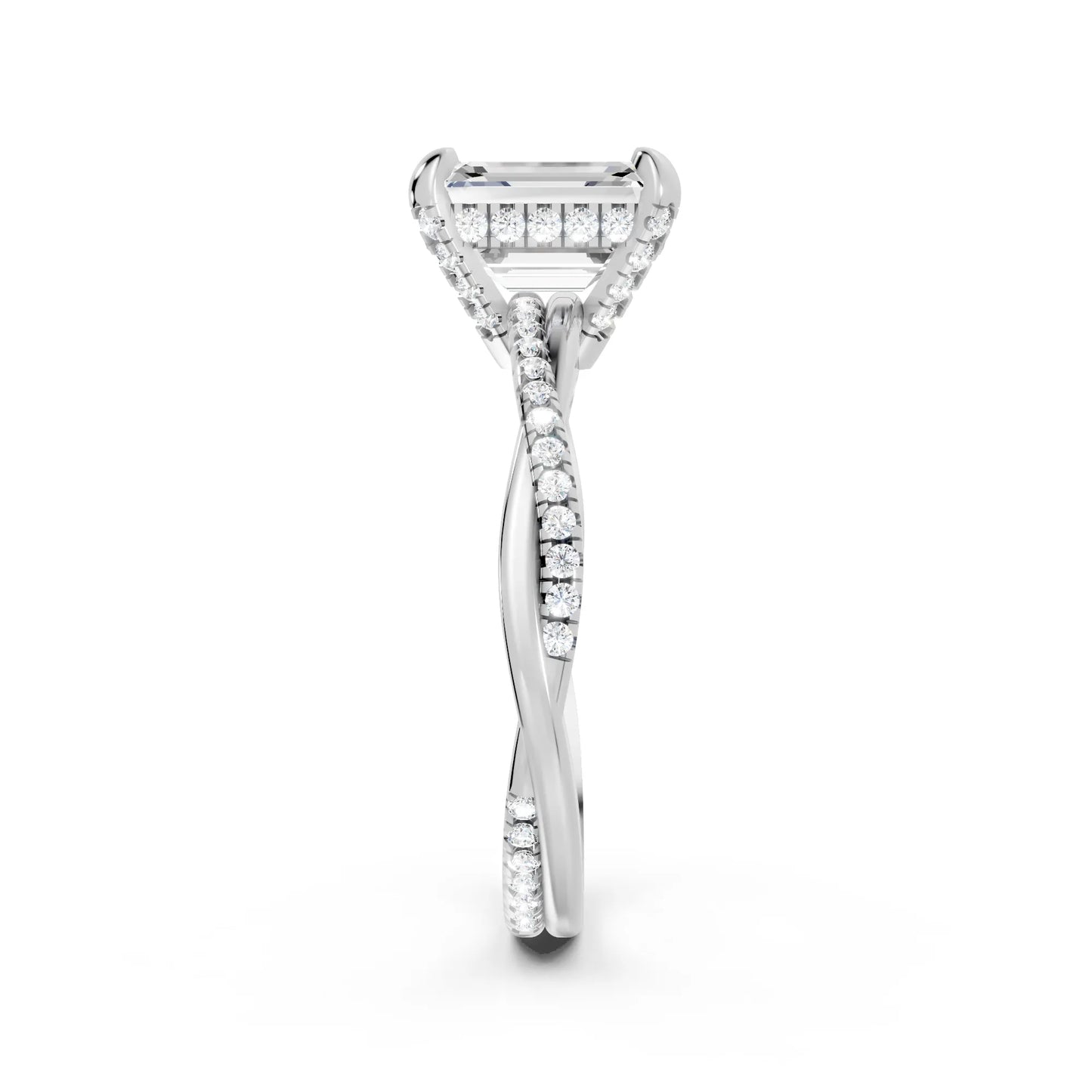 14K Gold Emerald  Cut Diamond Twisted Vine Hidden Halo Engagement Ring