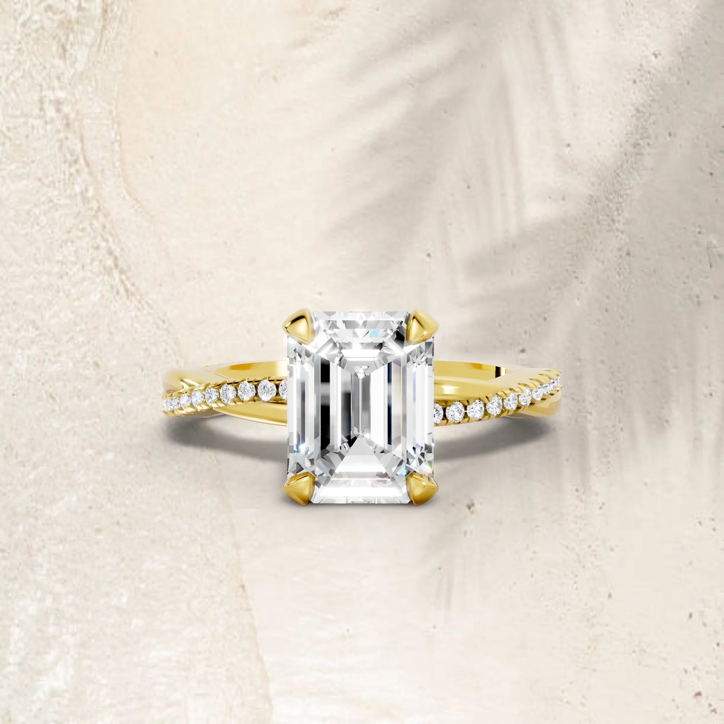 14K Gold Emerald  Cut Diamond Twisted Vine Hidden Halo Engagement Ring
