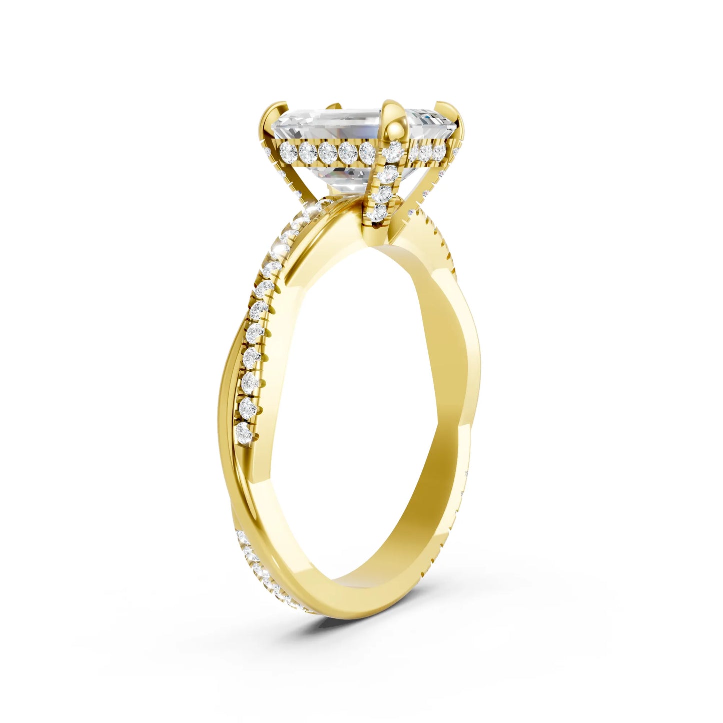14K Gold Emerald  Cut Diamond Twisted Vine Hidden Halo Engagement Ring