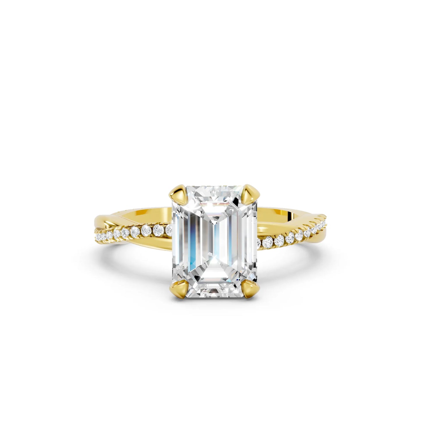 14K Gold Emerald  Cut Diamond Twisted Vine Hidden Halo Engagement Ring