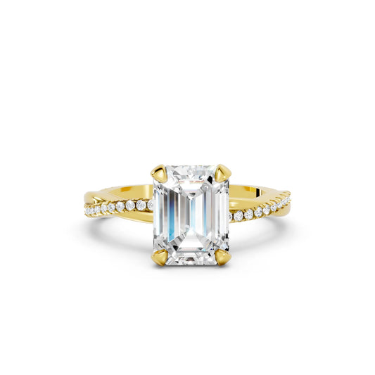 14K Gold Emerald  Cut Diamond Twisted Vine Hidden Halo Engagement Ring