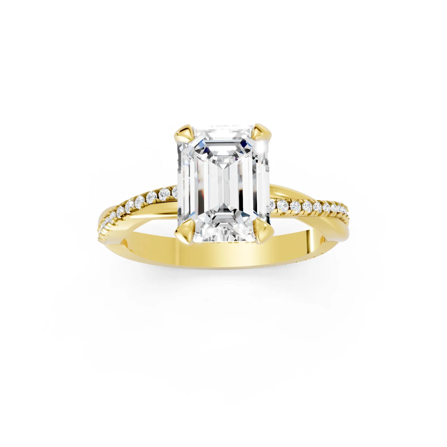14K Gold Emerald  Cut Diamond Twisted Vine Hidden Halo Engagement Ring