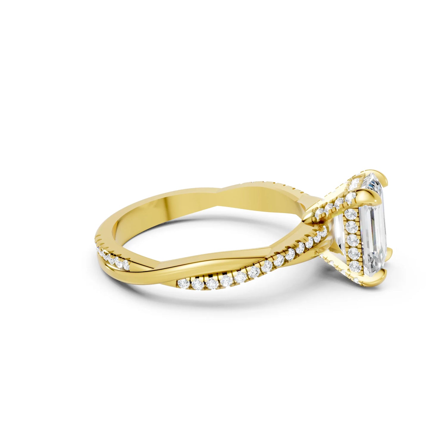 14K Gold Emerald  Cut Diamond Twisted Vine Hidden Halo Engagement Ring