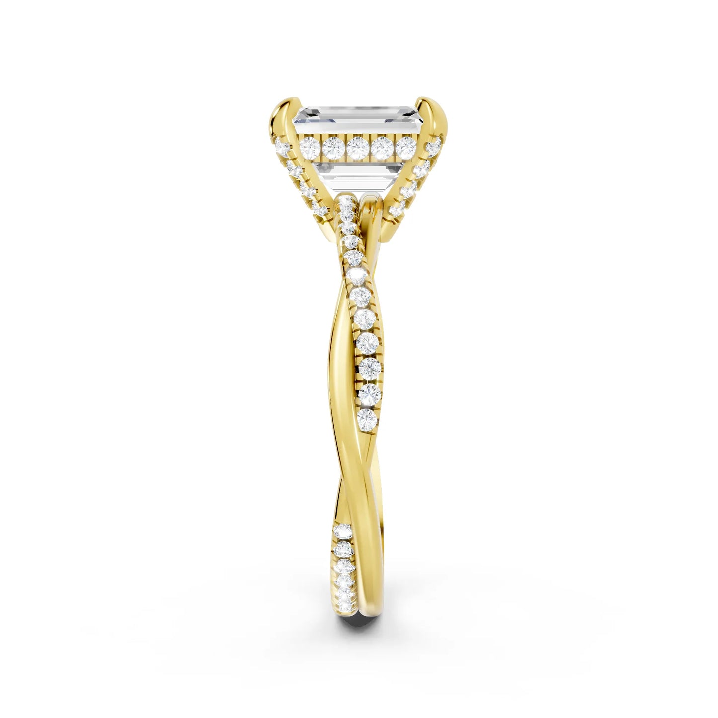 14K Gold Emerald  Cut Diamond Twisted Vine Hidden Halo Engagement Ring