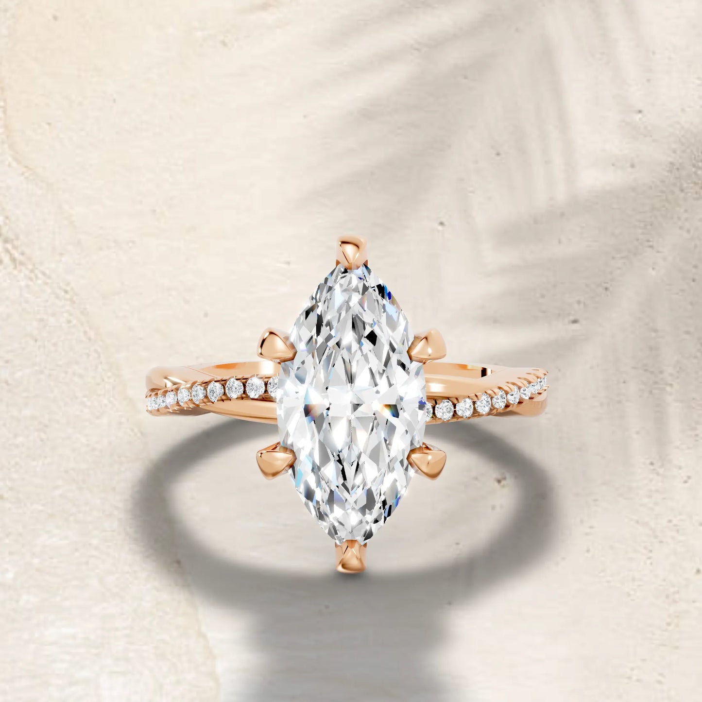 14K Gold Marquise Cut Diamond Twisted Vine Hidden Halo Engagement Ring