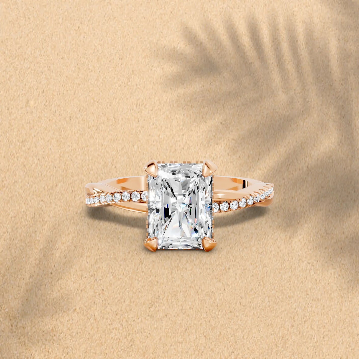 14K Gold Radient Cut Diamond Twisted Vine Hidden Halo Engagement Ring
